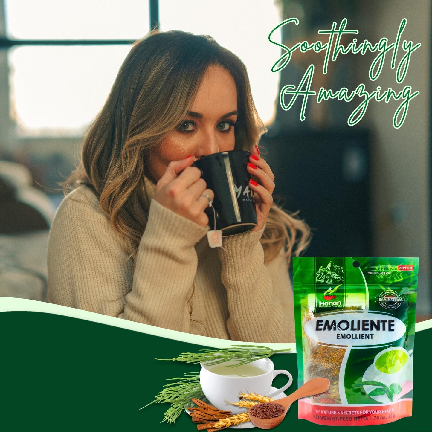 Hanan Emoliente Herbal Tea from Peru 1.8oz (50g) Loose Herbs Boldus (Boldo), Horsetail (Cola de Caballo), Cat's Claw (Una de Gato), Flaxseed (Linaza)