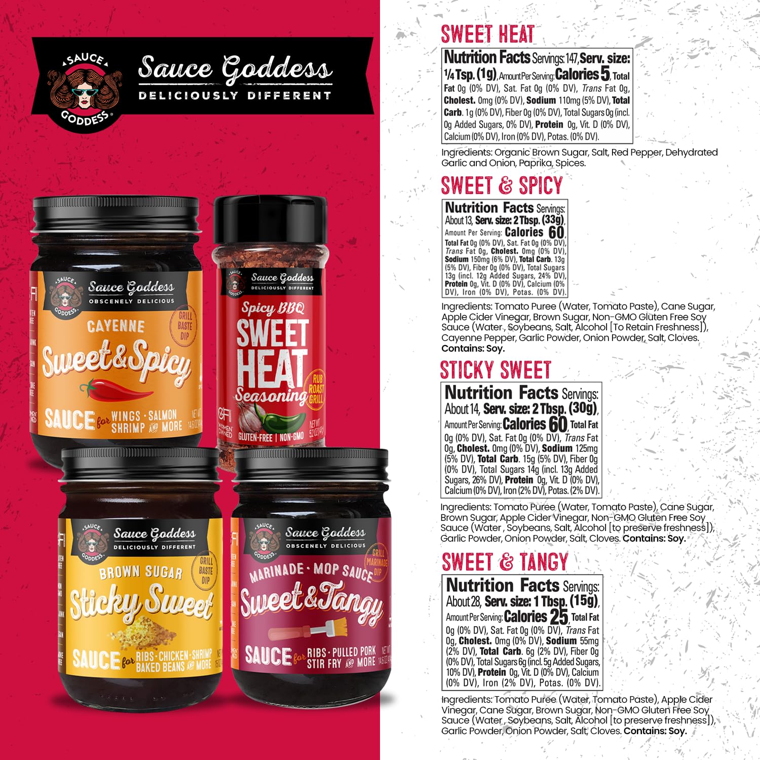 Sauce Goddess - Rib Kit Gift Pack - Sticky Sweet Sauce, Tangy Marinade, Sweet & Spicy Cayenne Sauce, BBQ Sweet Heat Shaker -Sauces & Seasoning