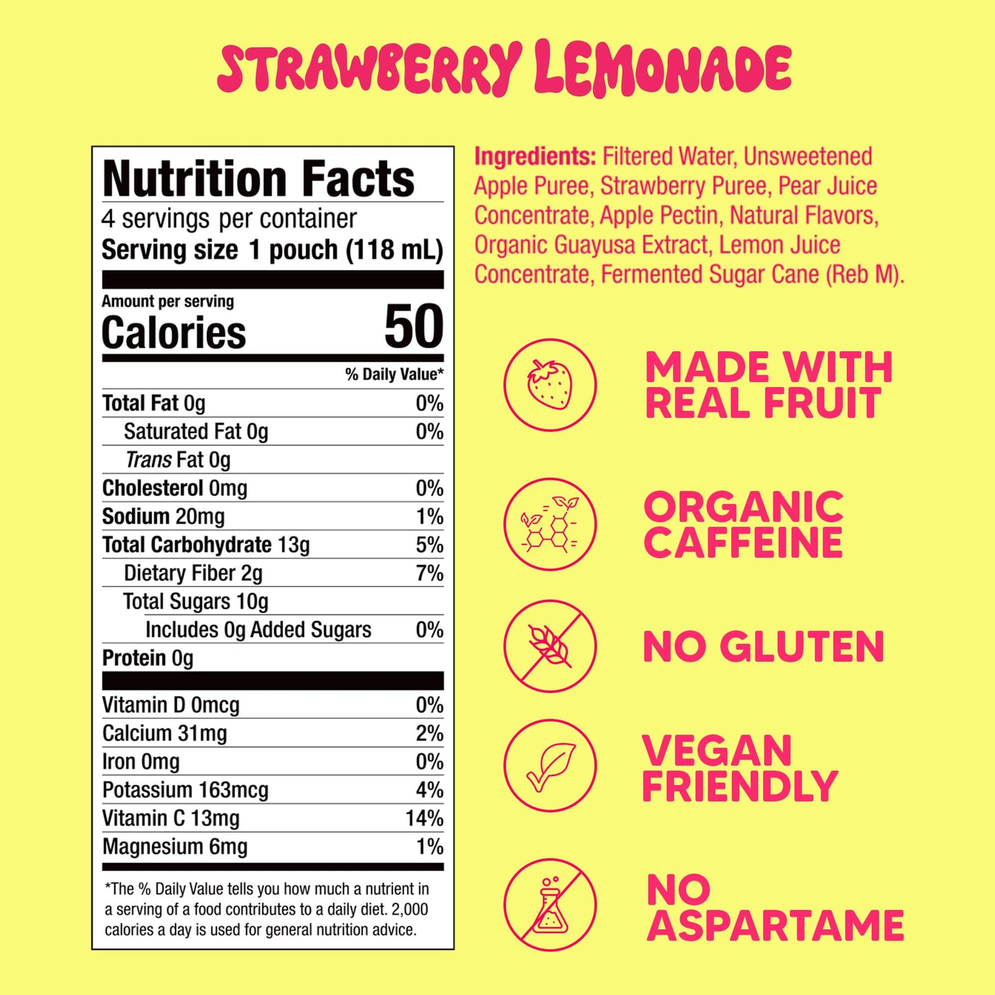 Fruit Slaps Caffeinated Fruit Blend - Strawberry Lemonade, Natural Caffeine, Real Fruit, Prebiotic Fiber - Energy Boost for Focus & Gut Health