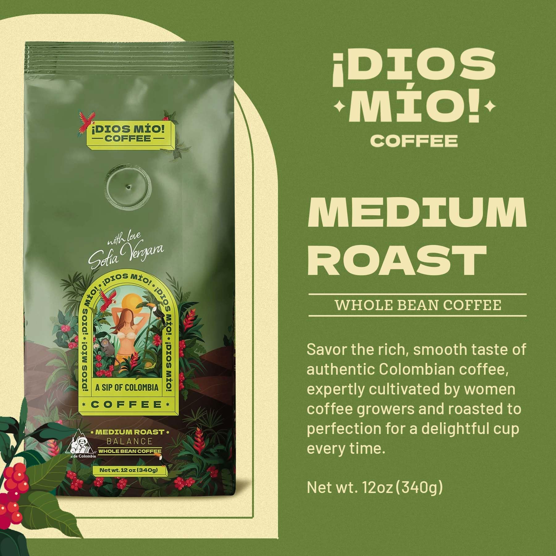Dios Mio Coffee by Sofia Vergara, Medium Roast, Whole Bean Premium Colombian Coffee, 12 Ounce Bag