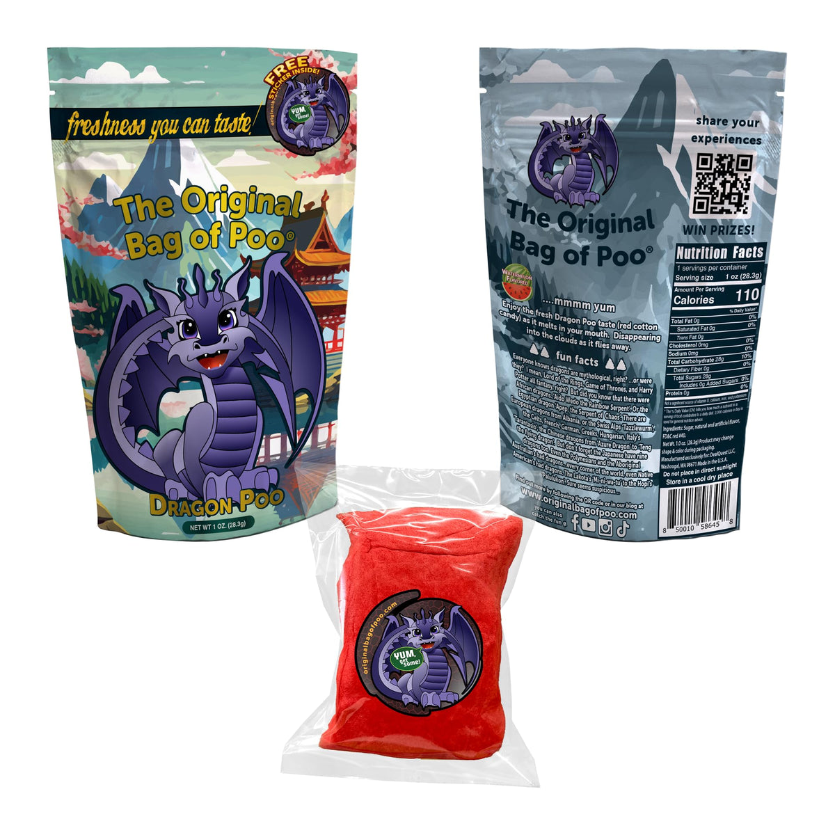 The Original Bag of Poo®, Dragon Poo (Watermelon Flavor Cotton Candy) Novelty Poop Gag Gift. Free sticker inside.