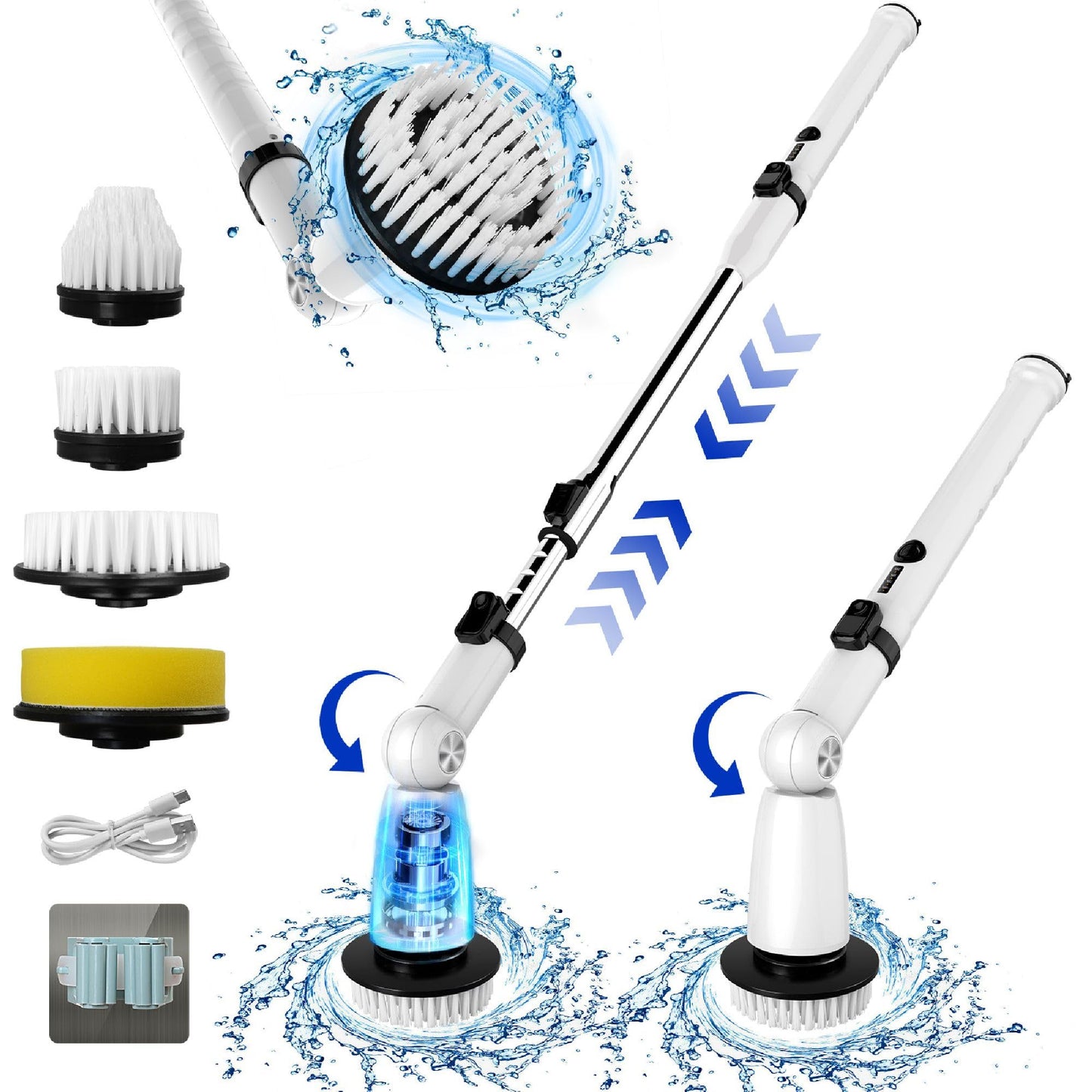 EcoGecko Electric Spin Scrubber, Bathroom Cleaner, Power Shower Cleaning Brush with Extendable Handle & 4 Brush Heads, Dual Speed & USB-C Charging