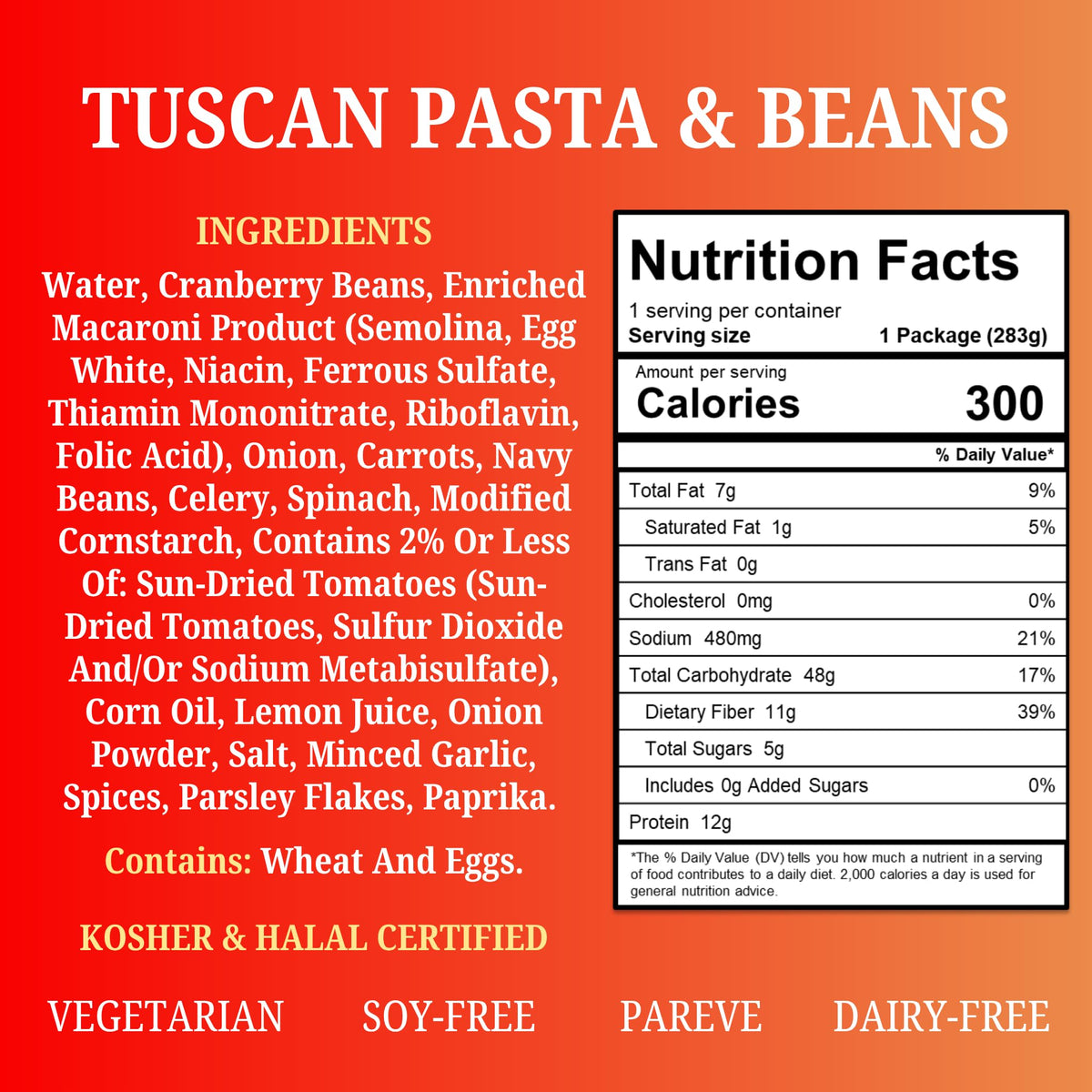 My Own Meal, Tuscan Pasta & Beans, Kosher, Halal, Shelf stable meal