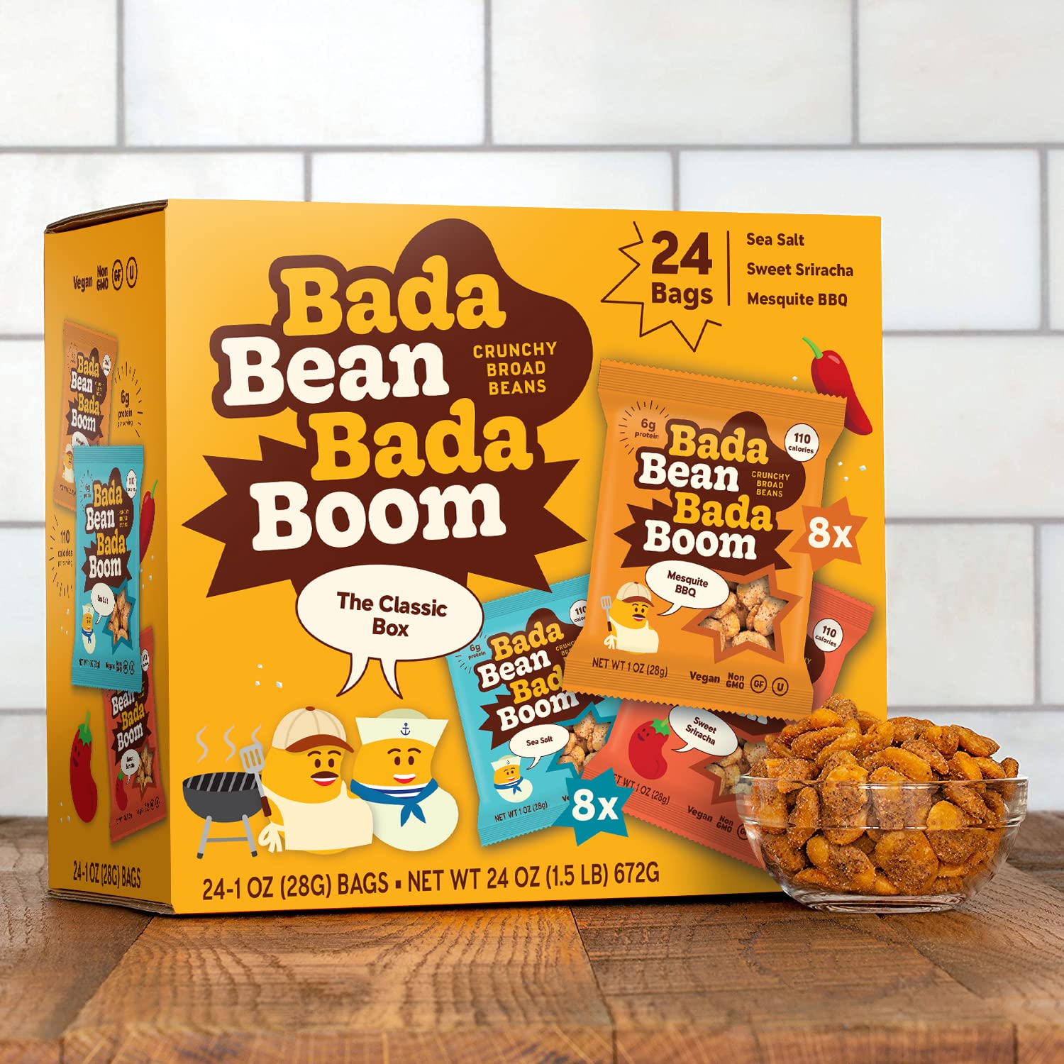 Bada Bean Bada Boom Plant-Based Protein, Gluten Free, Vegan, Crunchy Roasted Broad (Fava) Bean Snacks, 110 Calorie Packs, The Classic Box Variety