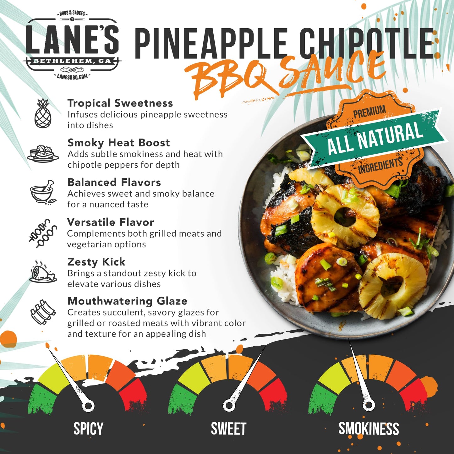 Lane's Pineapple Chipotle BBQ Sauce, All-Natural Tropically Inspired Barbecue Sauce, Goes Great with Chicken, Pulled Pork & Brisket, No MSG, No