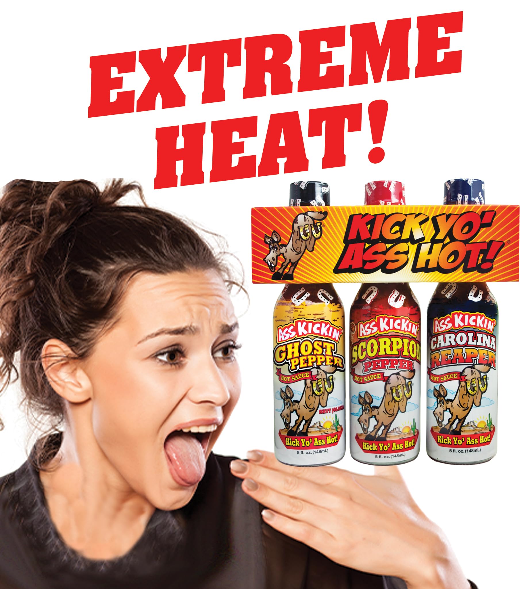 Kick Yo' As Hot Sauce Bottles Gift Set - Ghost Pepper, Scorpion and Carolina Reaper Hot Sauces - Try if you dare! - Perfect Stocking Stuffers or