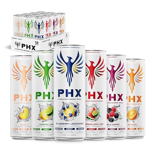 PHX Hydration Energy Drink - 700mg Electrolytes, 200mg Natural Green Tea Caffeine, 100% Daily Value 8 Essential Vitamins - 12 oz Cans (12 Pack) (12