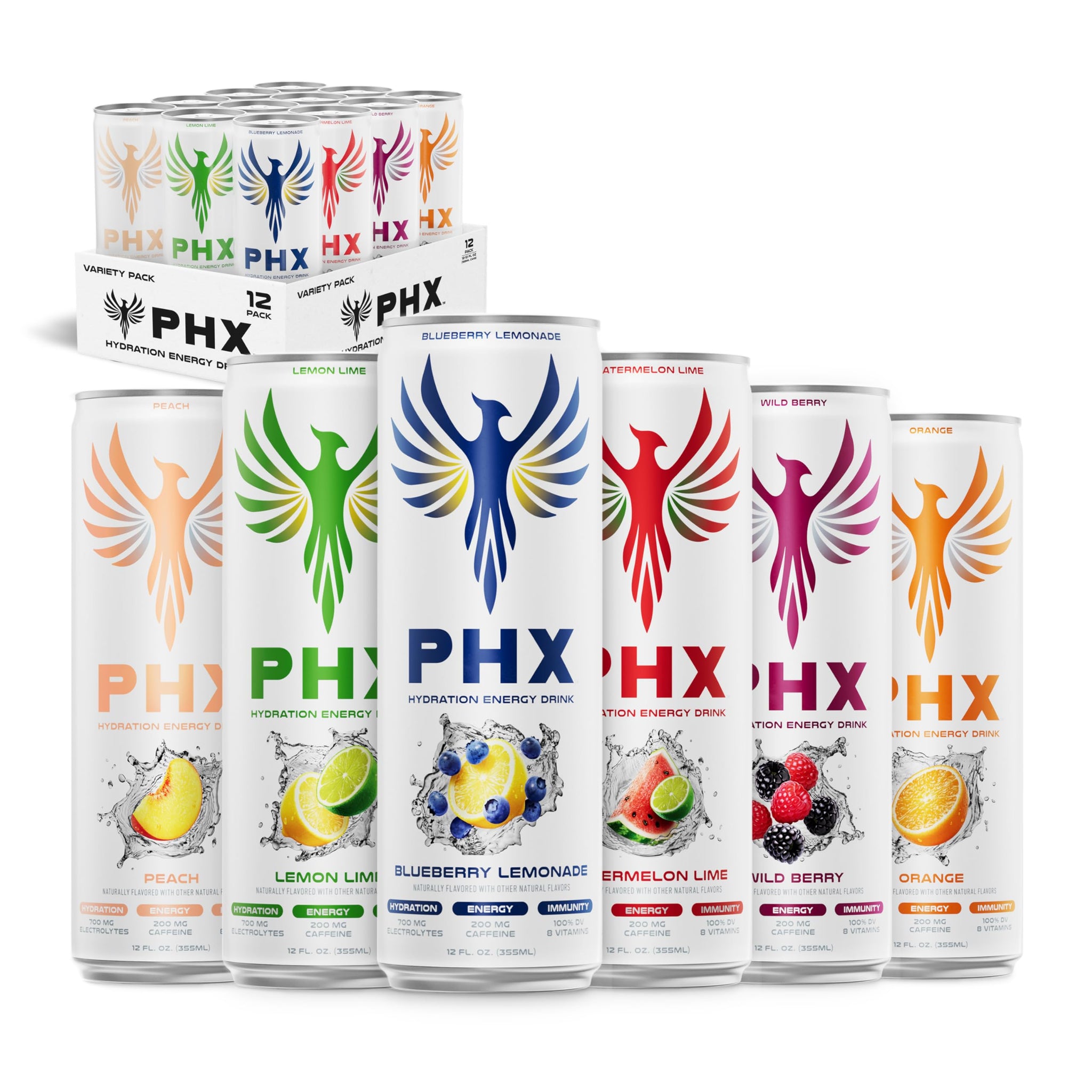 PHX Hydration Energy Drink - 700mg Electrolytes, 200mg Natural Green Tea Caffeine, 100% Daily Value 8 Essential Vitamins - 12 oz Cans (12 Pack) (12