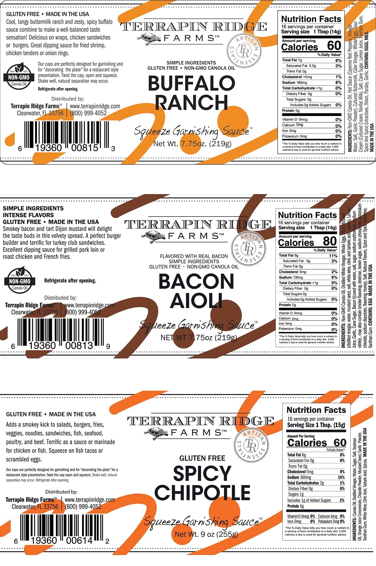 Terrapin Ridge Farms Squeeze Me Baby Sampler Set - One Each of Buffalo Ranch, Bacon Aioli, and Spicy Chipotle Garnishing Squeeze Bottles (3 Items)