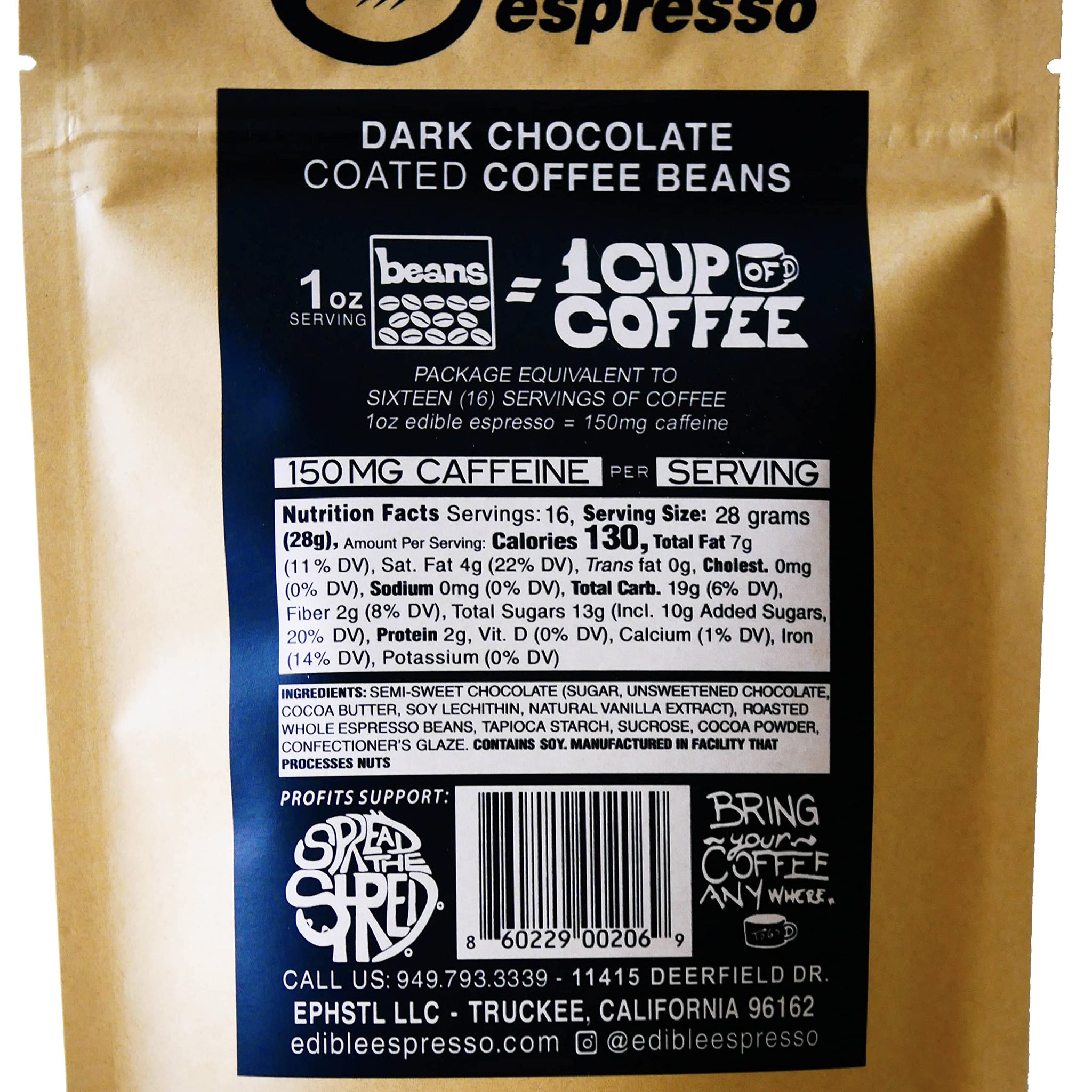 Edible Espresso - Dark Chocolate Covered Coffee Beans 150mg caffeine = one cup of coffee! Plant-based, Dairy-Free Natural Energy. (1 pound / 16