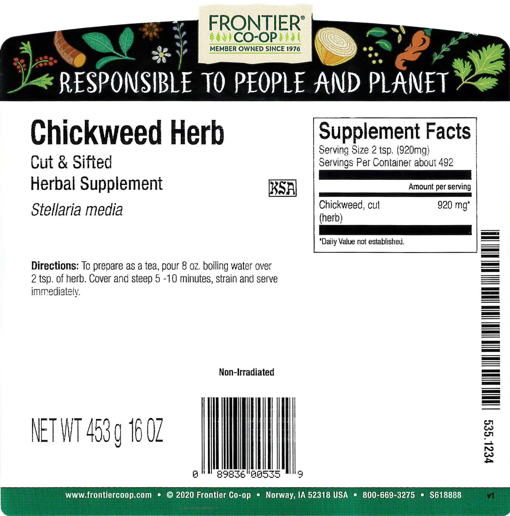 Frontier Co-op Chickweed Herb, Cut & Sifted, 1lb Bulk Bag - Fresh & Natural Flavor - Ideal for Making Chickweed Tea & Various Herbal Remedies, Kosher