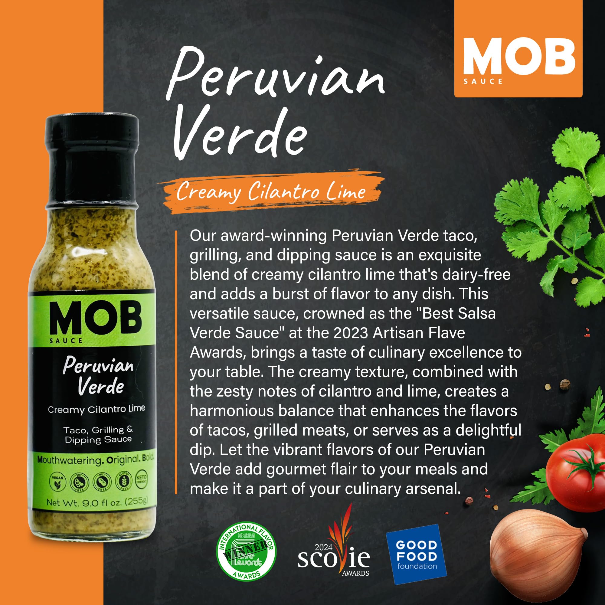 MOB Sauce Peruvian Verde - Award Winning, Creamy Cilantro Lime Taco, Grilling & Dipping Sauce that’s Vegan, Gluten-Free, Keto-Friendly with Natural