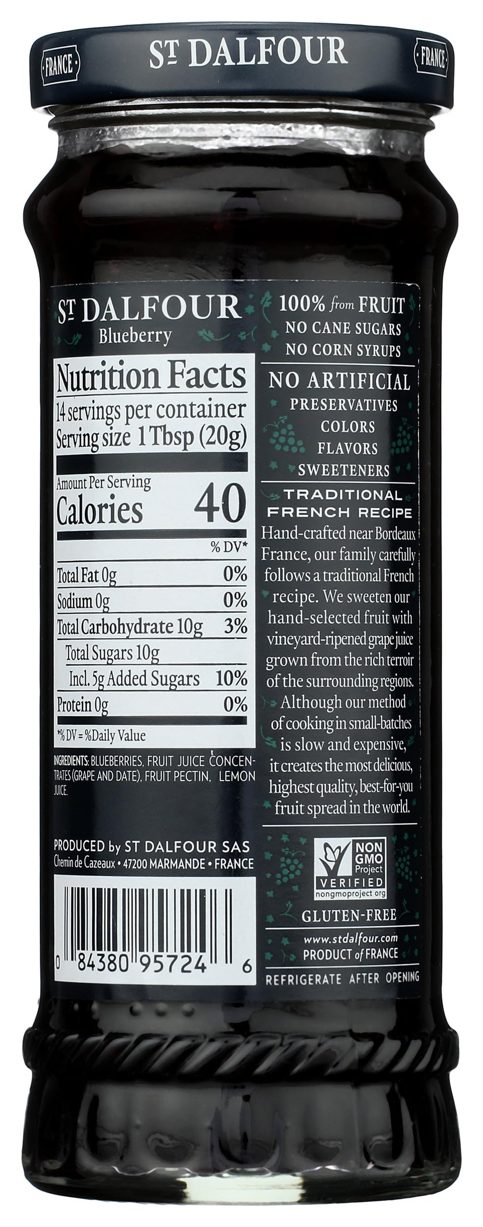 St. Dalfour Blueberry Fruit Spread - 10oz - 100% from Fruit, No Artificial Ingredients, Non-GMO, No Cane Sugars, All Natural, Made in France