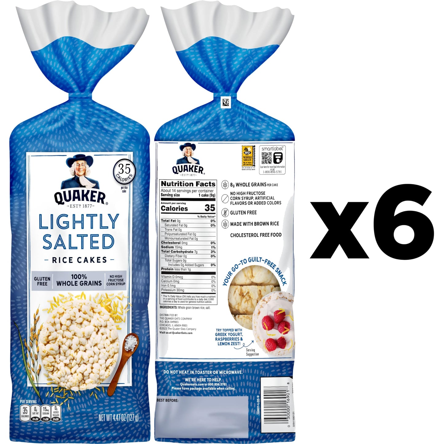 Quaker Large Rice Cakes, Lightly Salted, Gluten Free, 100% Whole Grains, 4.47 Oz, Pack of 6
