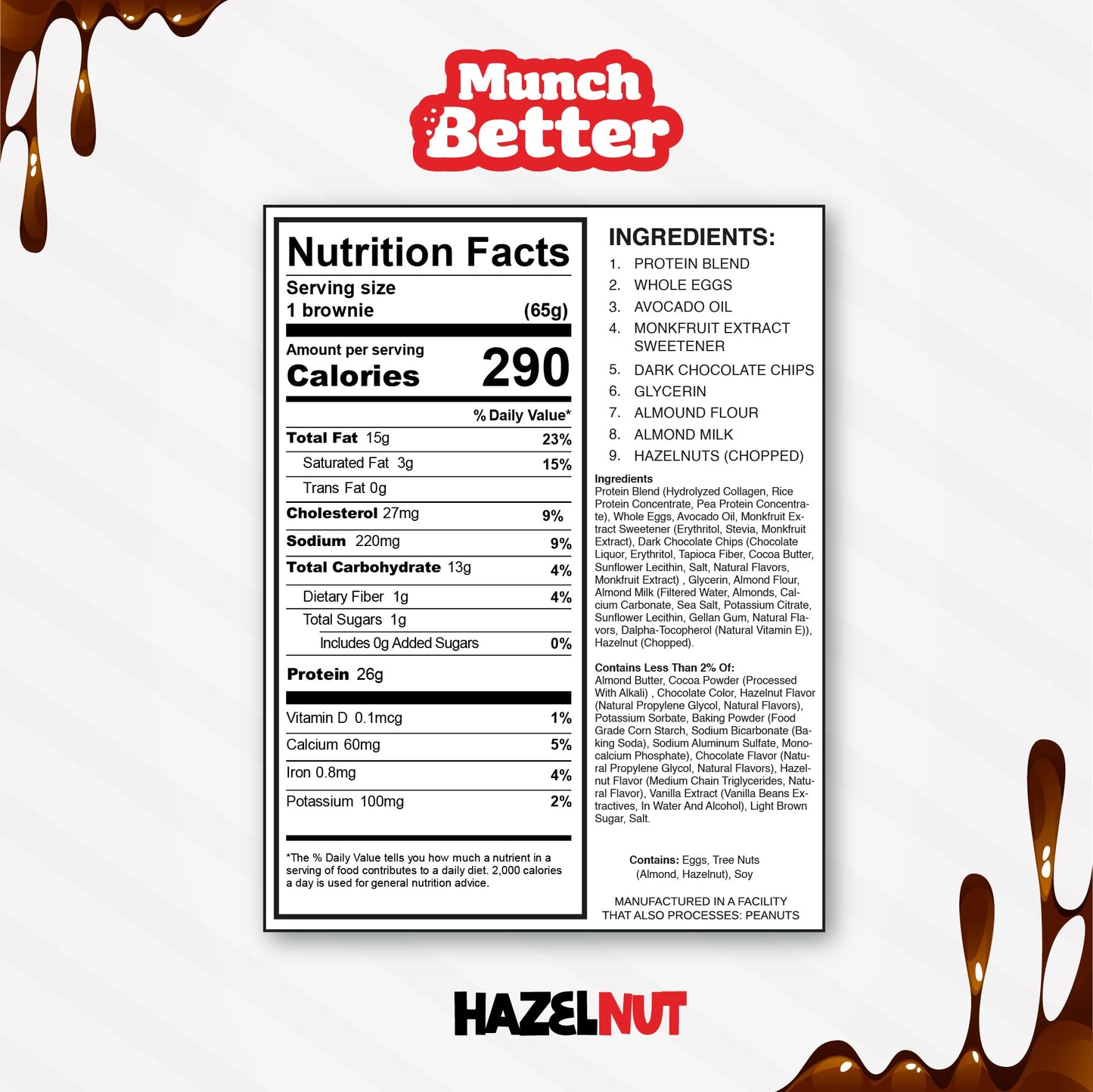 Munch Better Hazelnut Protein Brownies - 26g Protein, Dairy-Free, Gluten-Free, Low Sugar, 15g Collagen, Clean Ingredients - 8 Count Box