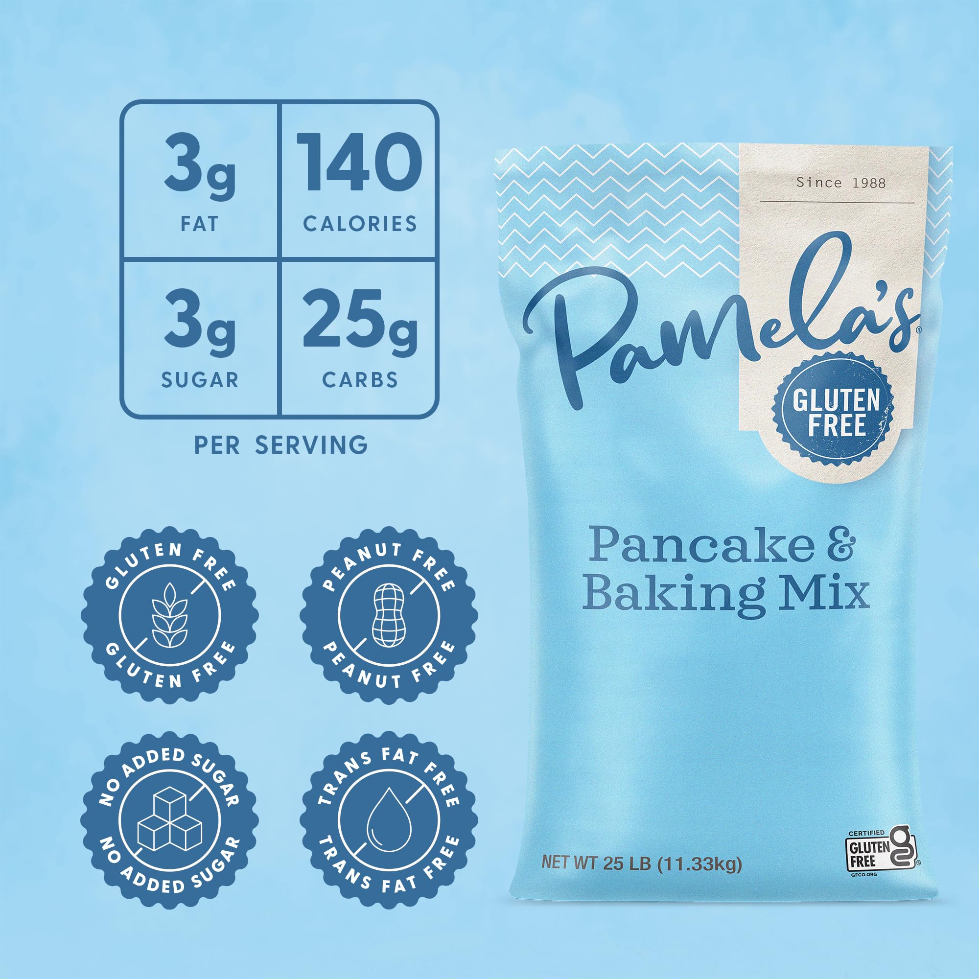 Pamela's Gluten Free Baking and Pancake Mix, Fluffy Waffles, 8g Whole Grain, 25-Pound Bag (Pack of 1)