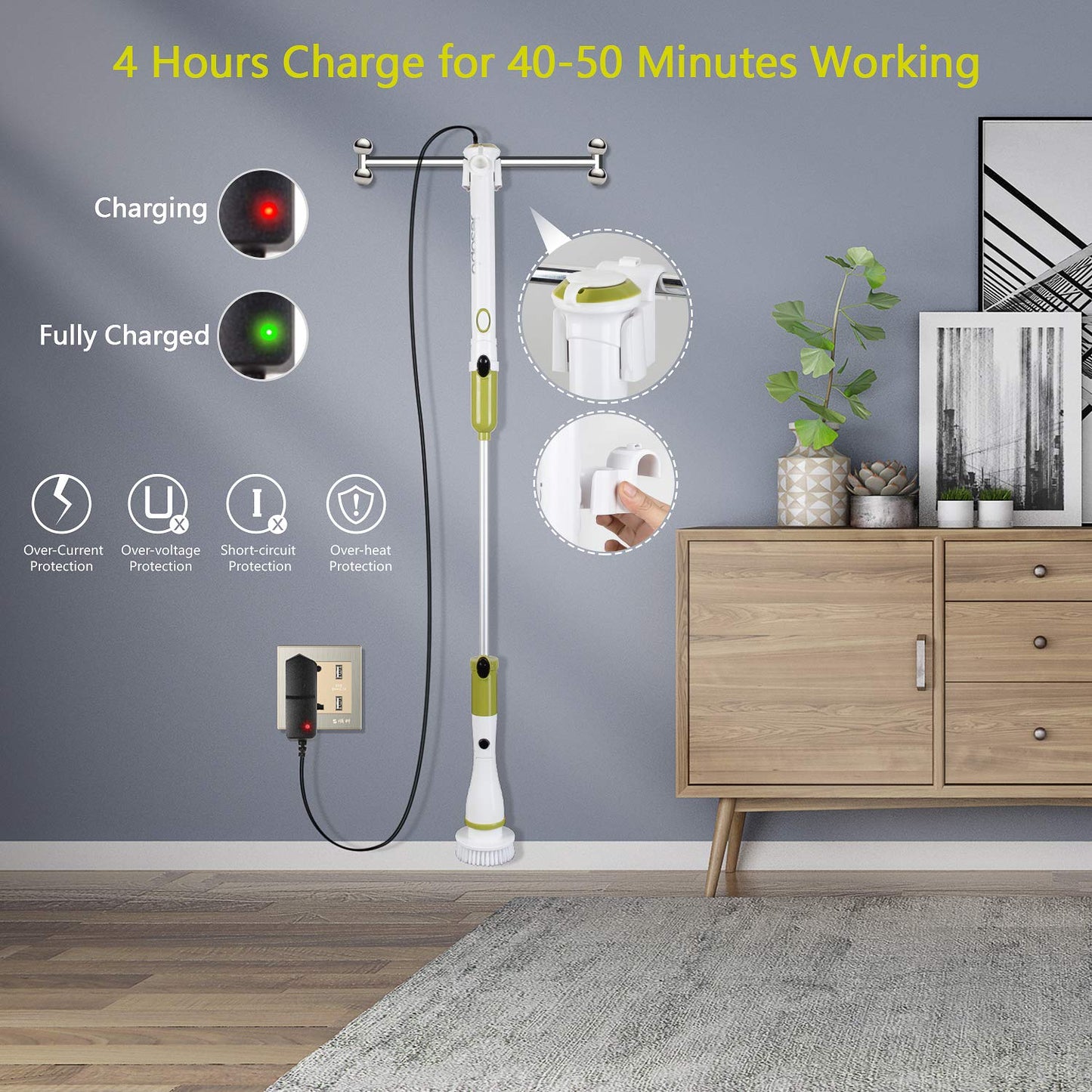 Electric Spin Scrubber Upgraded Power Scrubber 360 Cordless Tub and Tile Scrubber with 4 Replaceable Shower Scrubber Brush Heads, 1 Extension Arm