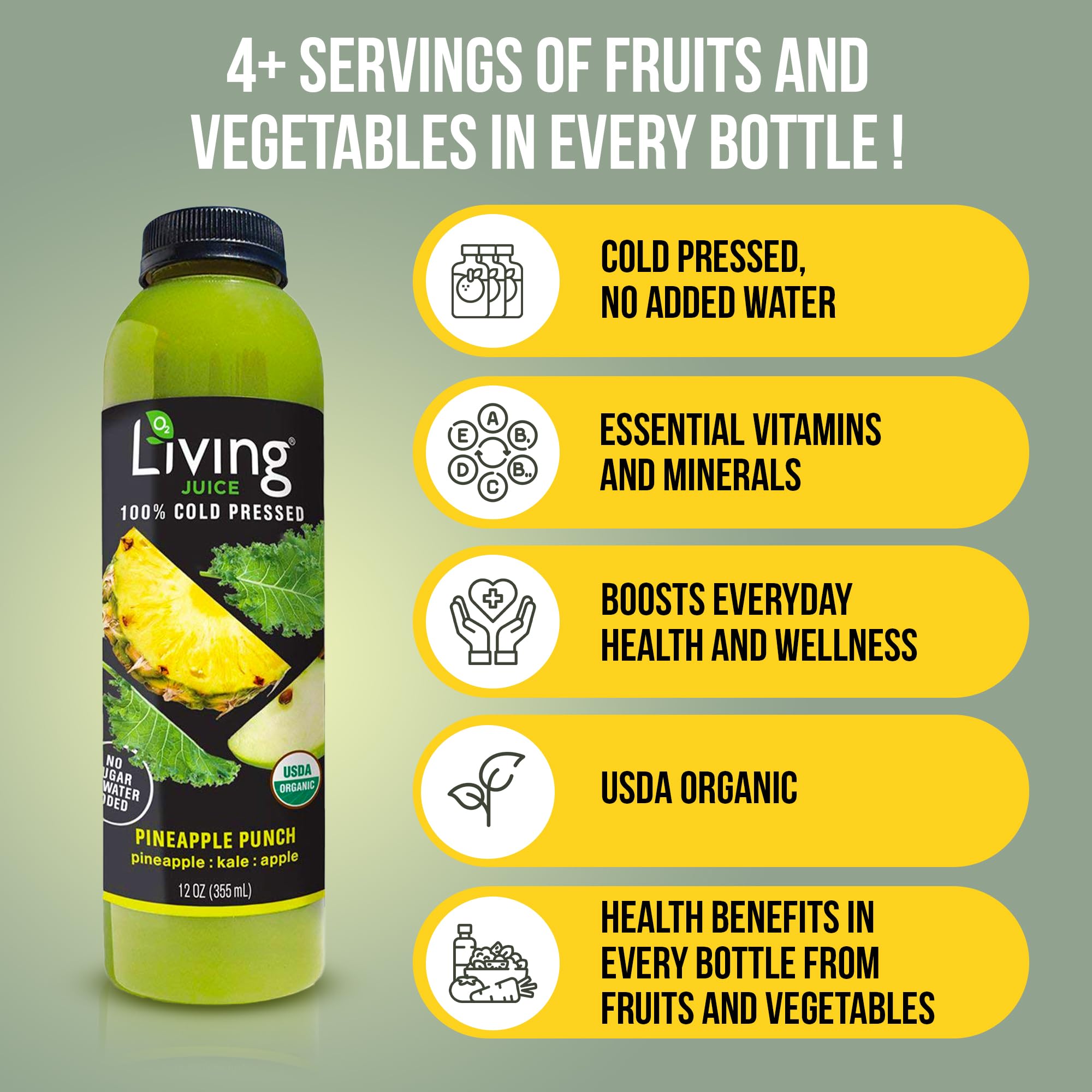 O2 Living Juice Cold Pressed Drink - Pineapple Punch Organic Juice Pack - No Added Sugars or Water, Naturally Sweetened from Fruits, Rich in Nutrients