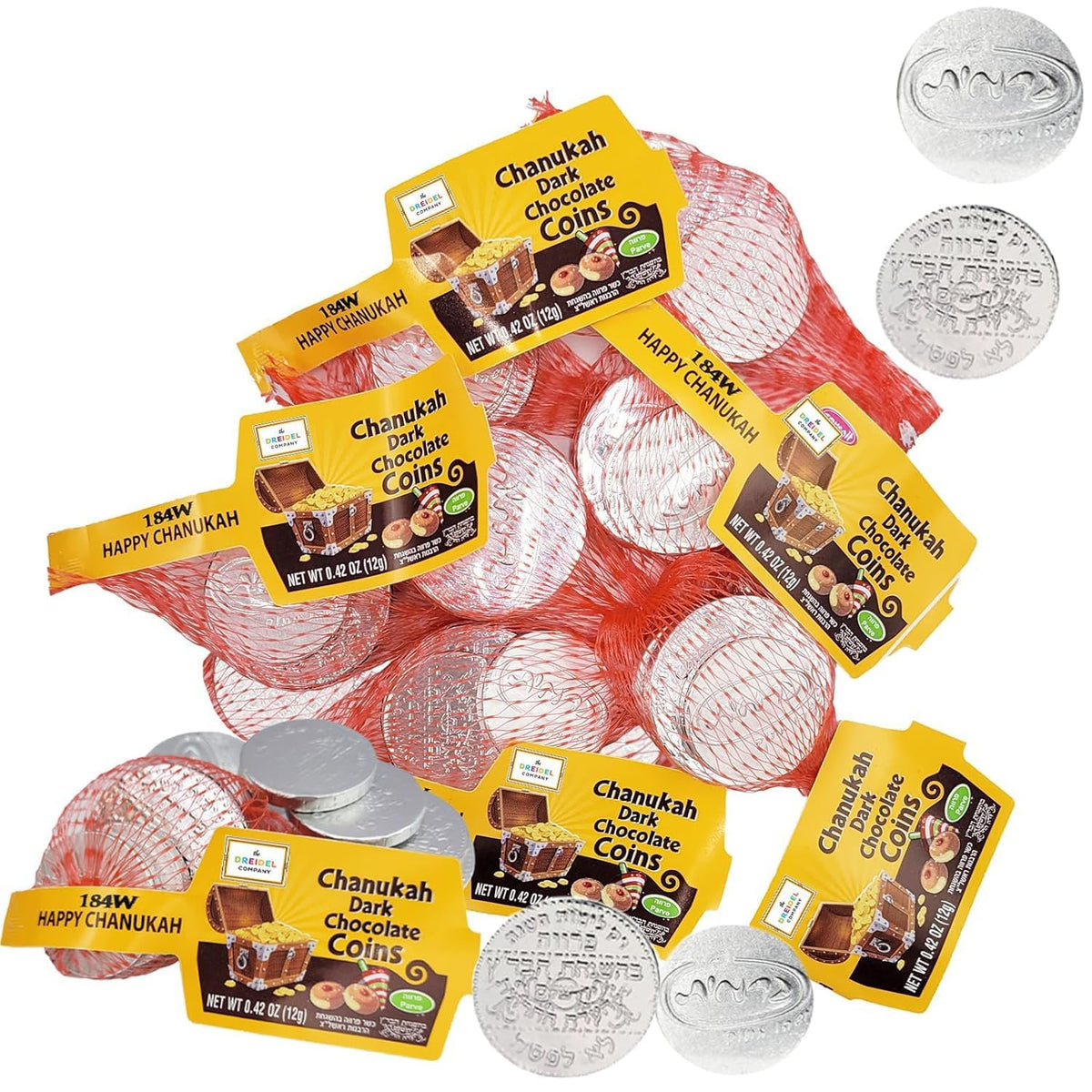 The Dreidel Company Hanukkah Gelt,12 Mesh Bags Dark Bittersweet Non Dairy Parve Coins, Made in Israel, Kosher Certified Chanukah Gelt 12 Mesh Bags