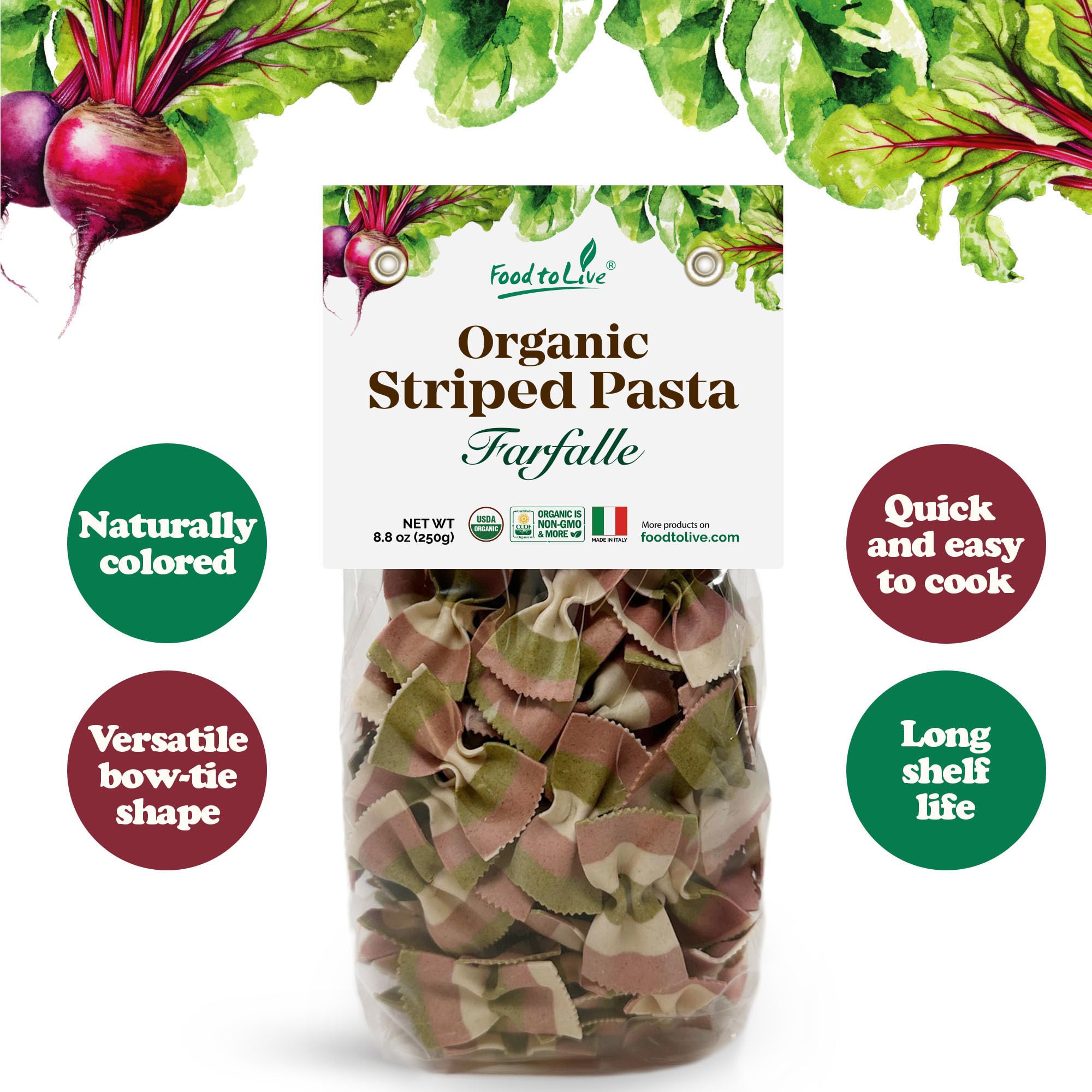Food to Live Organic Striped Farfalle Pasta, 8.8 oz (Pack of 6) - Italian Artisan Tri-Color Bow-Tie Pasta. Made with Semolina, Beet and Spinach.