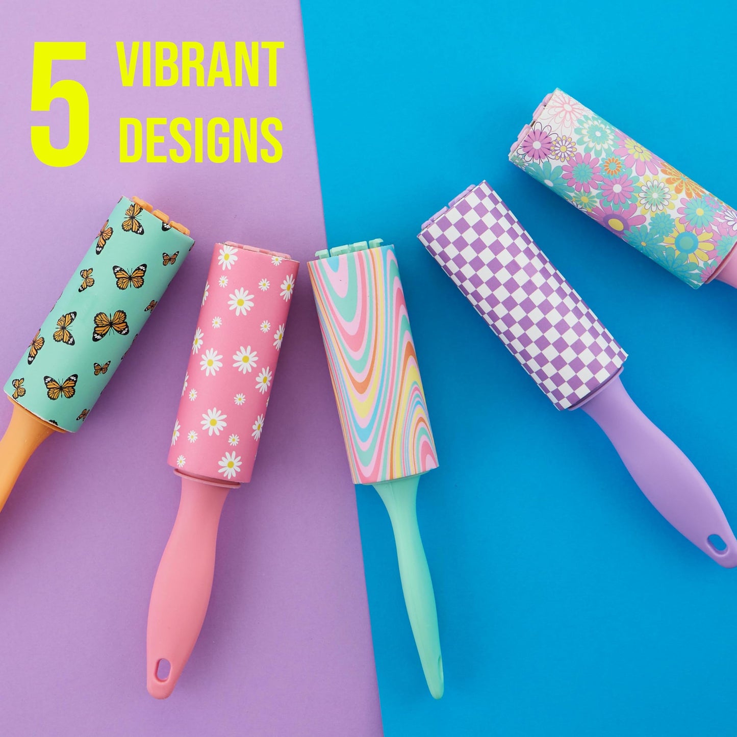 5pc Retro Mini Lint Roller Value Pack - Colorful Compact Rollers for Travel | Pet Hair & Lint Remover for Clothing & Household Use | Portable