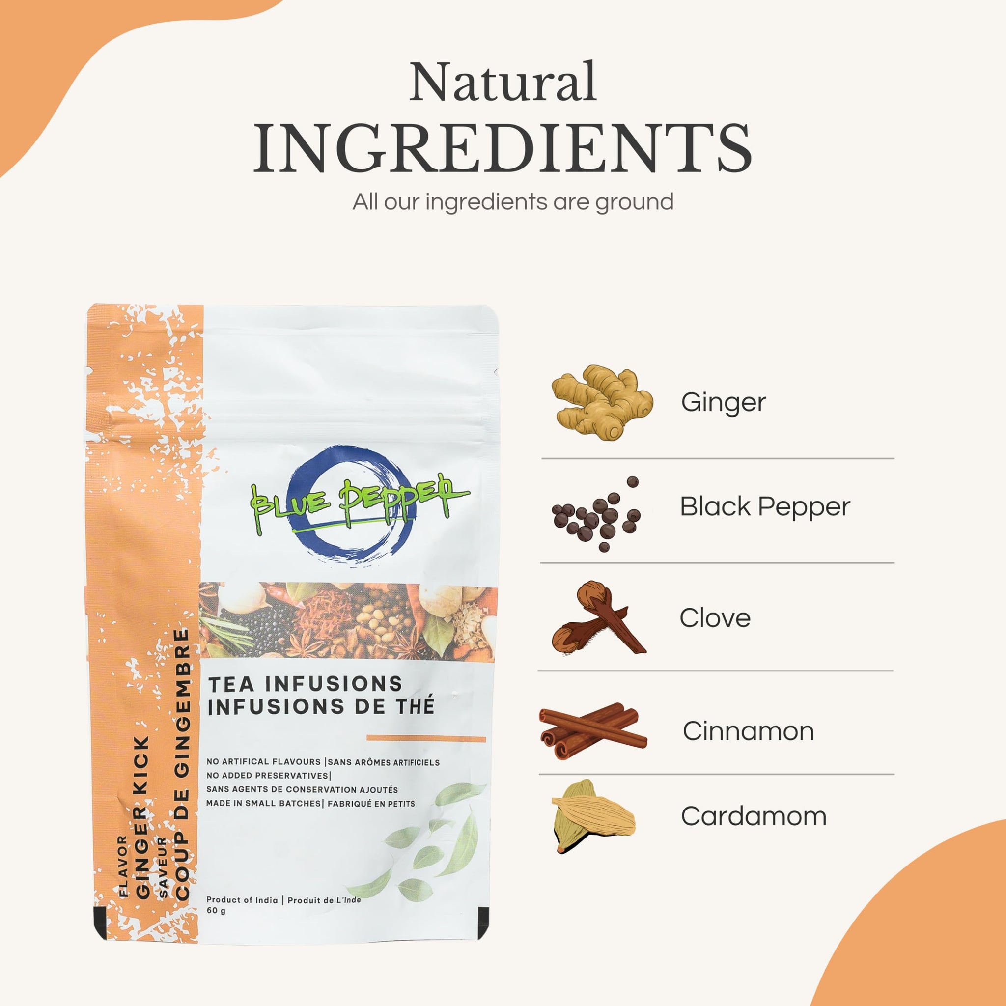 Blue Pepper Ginger Kick Tea Infusion Blend - Premium Ginger Kick Tea - All-Natural Ingredients, No Artificial Flavors - No Added Sugar - Caffeine Free