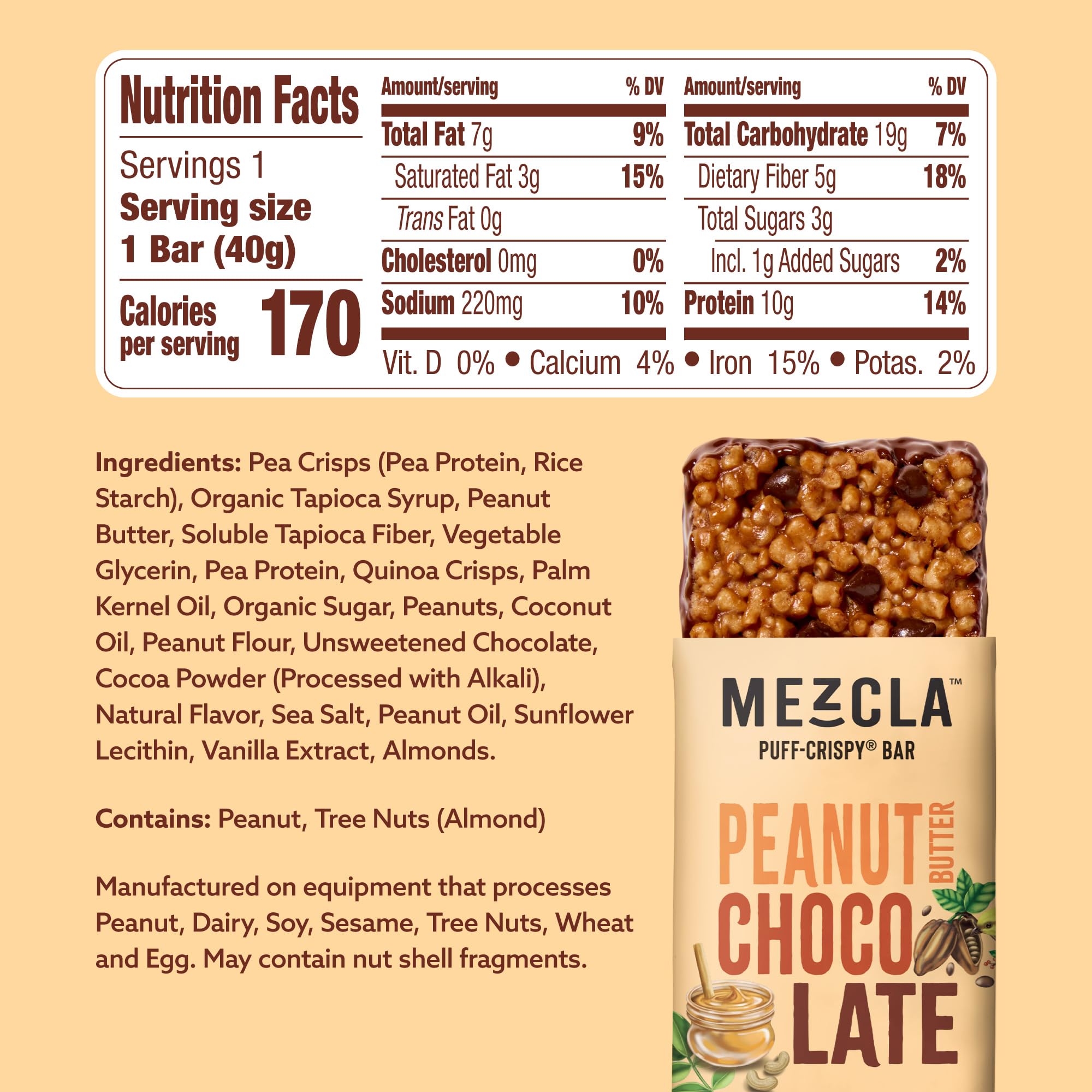 Mezcla Puff-Crispy Plant Based Protein Bars - Peanut Butter Chocolate - Healthy Snacks for Adults & Kids - Perfect School, Travel, & Office Snacks
