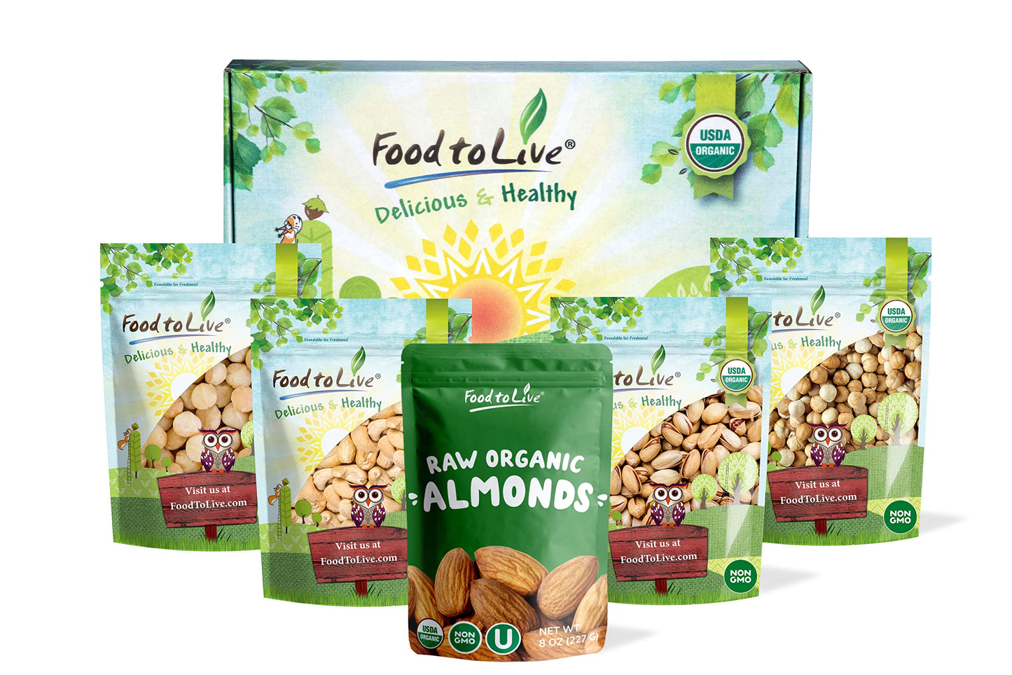Food to Live Organic Brooklyn Nuts Gift Box - Make your day with our Roasted Blanched Hazelnuts, Roasted and Salted Pistachios, Raw Cashews, Almonds