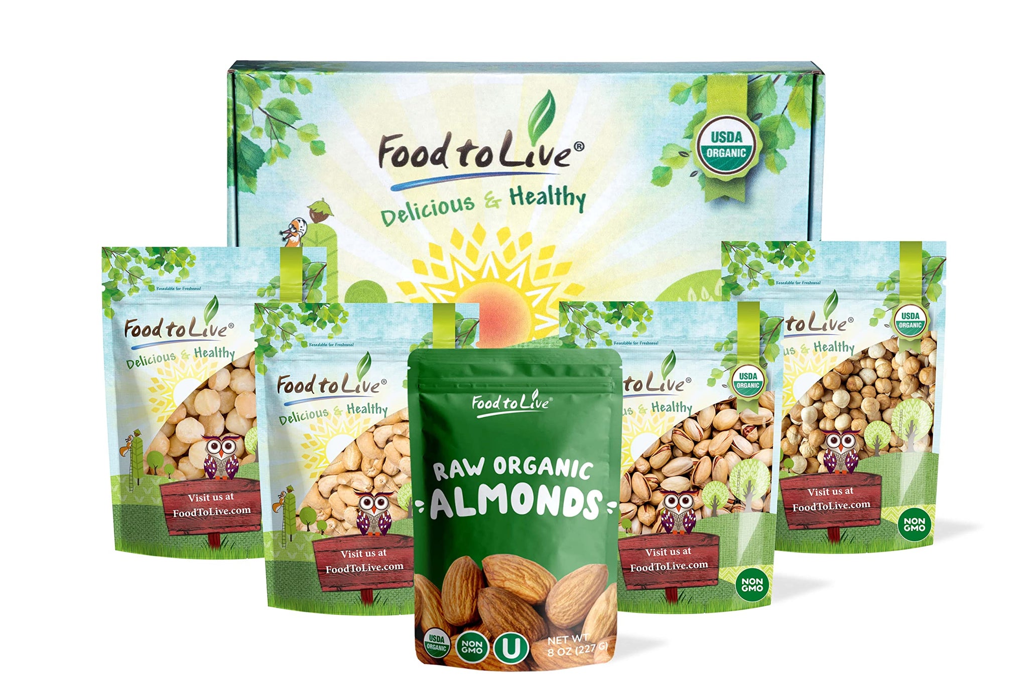 Food to Live Organic Brooklyn Nuts Gift Box - Make your day with our Roasted Blanched Hazelnuts, Roasted and Salted Pistachios, Raw Cashews, Almonds