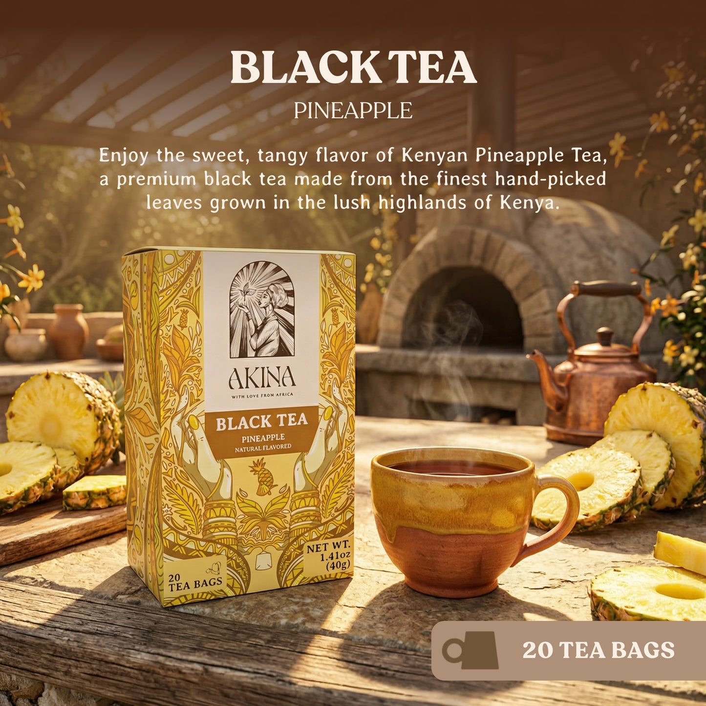 AKINA - Pineapple Flavored Black Tea Bags, Individually Wrapped, Fruity Envelope Kenyan Pineapple Tea Bags, Sweet and Tangy with Uplifting Tropical