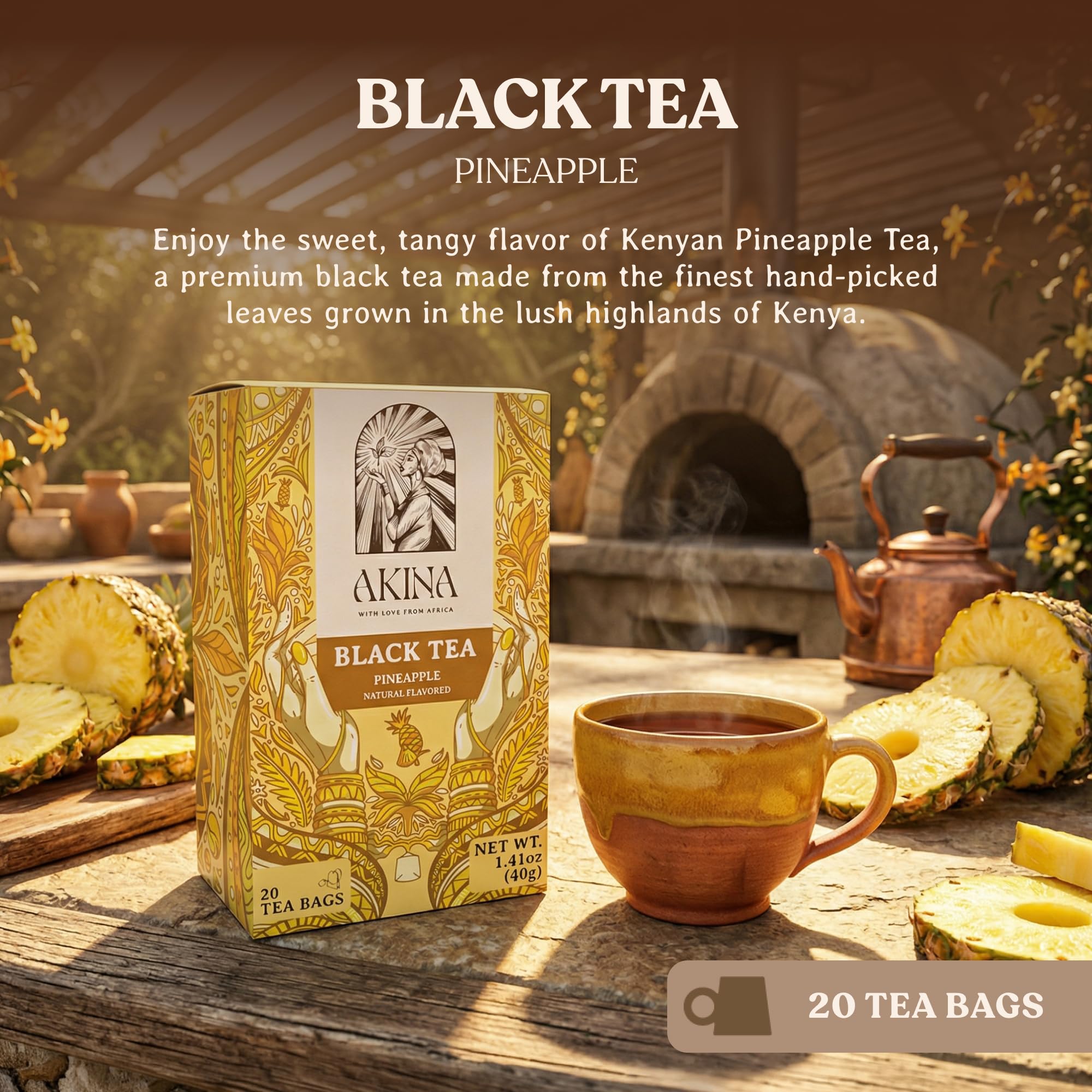 AKINA - Pineapple Flavored Black Tea Bags, Individually Wrapped, Fruity Envelope Kenyan Pineapple Tea Bags, Sweet and Tangy with Uplifting Tropical