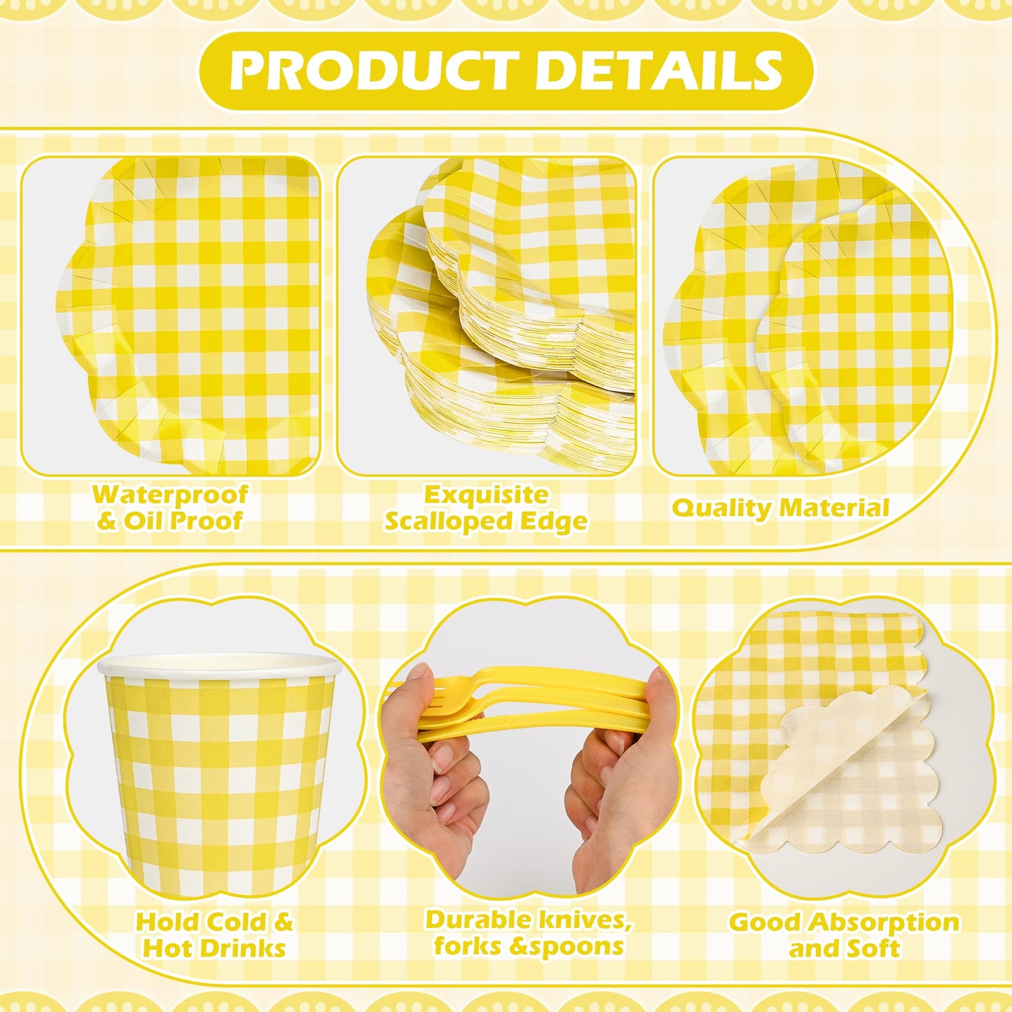 Houuqe 400 Pcs Gingham Party Supplies for 50 Guests Easter Party Yellow and White Scalloped Paper Plates and Napkins Knives Spoon Fork Cup Disposable
