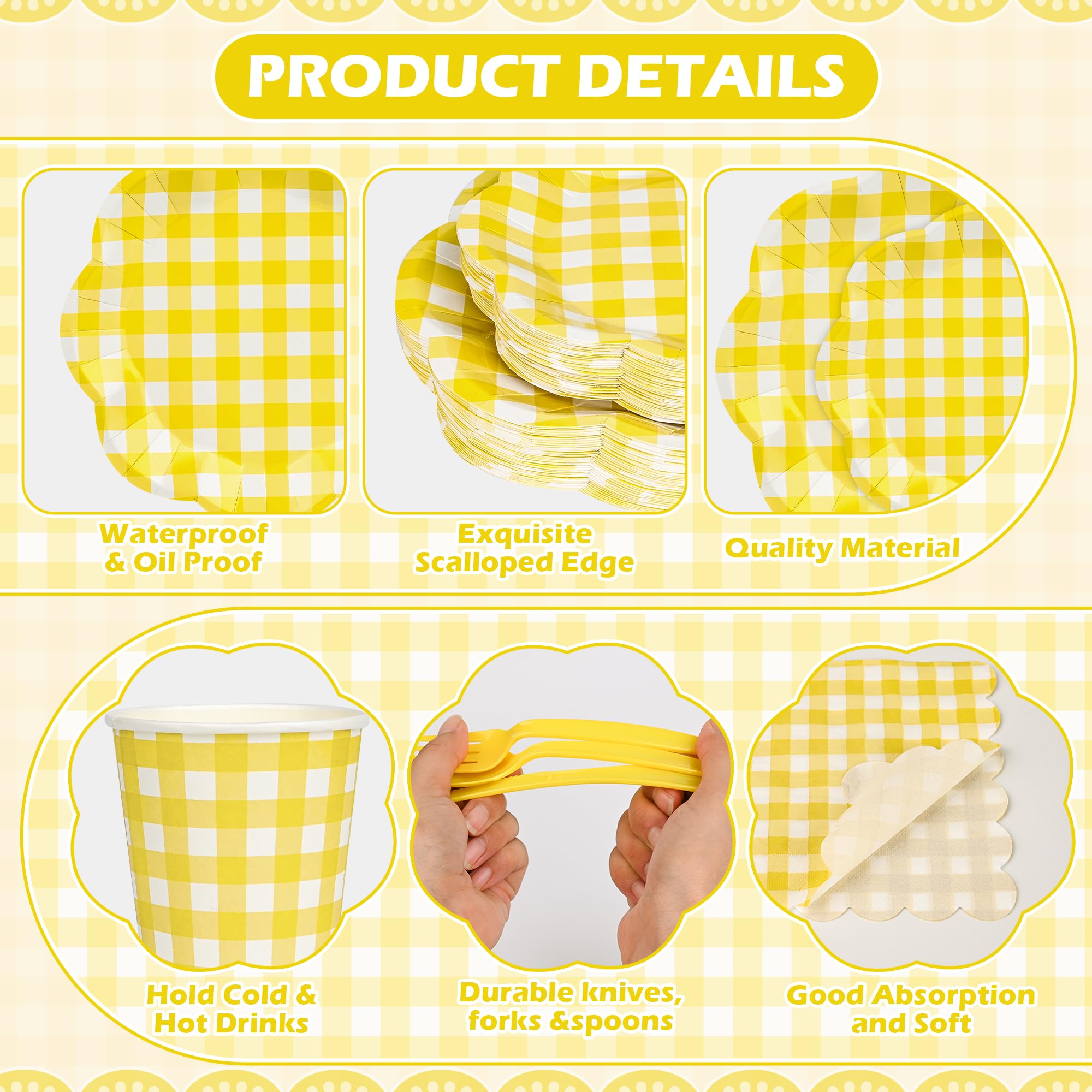Houuqe 400 Pcs Gingham Party Supplies for 50 Guests Easter Party Yellow and White Scalloped Paper Plates and Napkins Knives Spoon Fork Cup Disposable