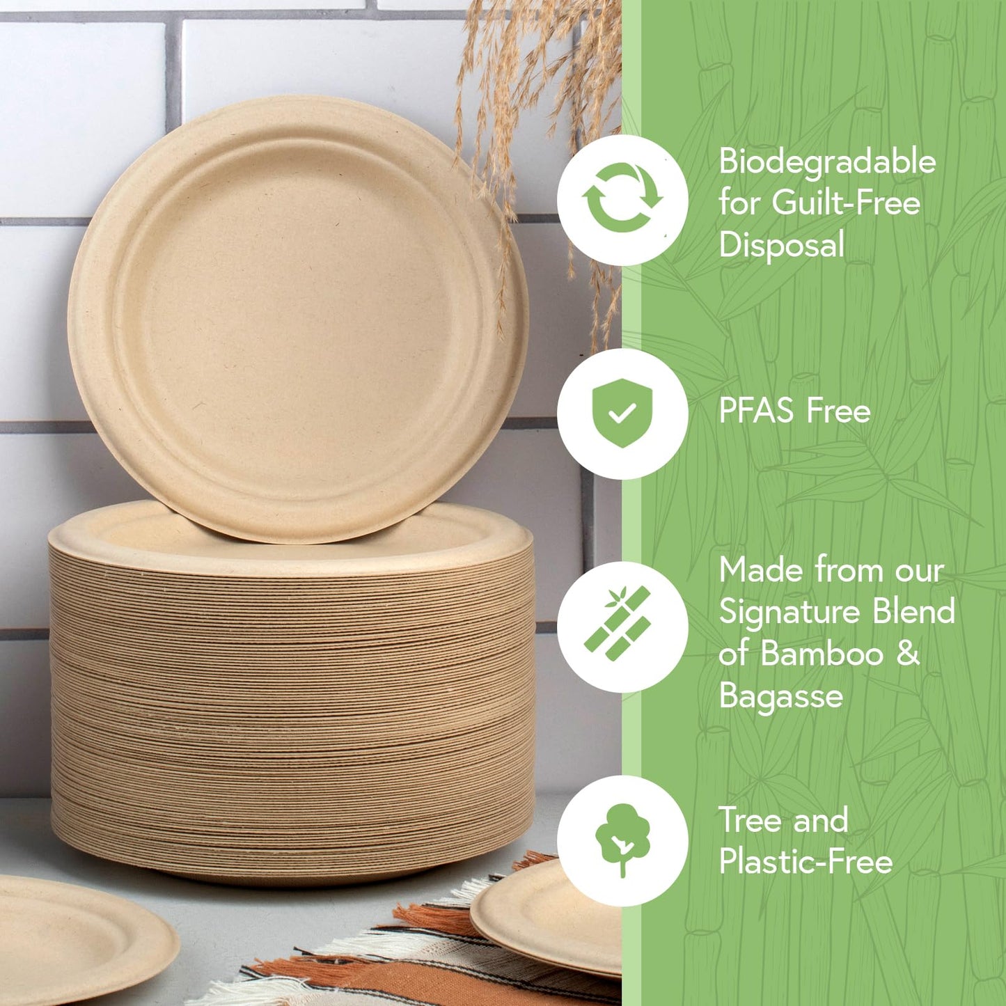 Jenvita Bamboo Paper Compartment Plates Disposable (50-Pack, 9-inch) - Sturdy & Microwave Safe | Heavy Duty Disposable Plates with Dividers | PFAS