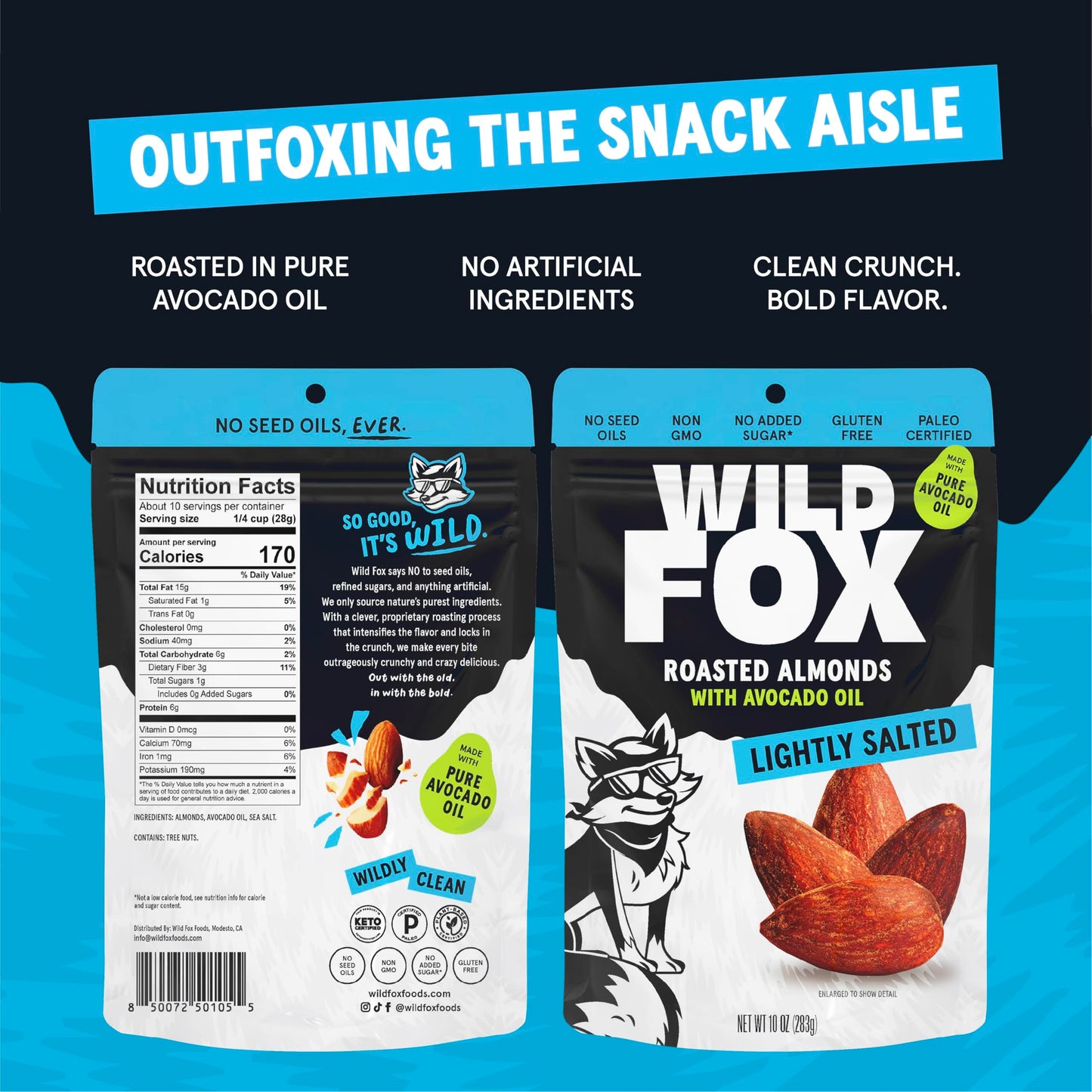 Wild Fox Roasted Almonds - Healthy Plant-Based Snack Made With Pure Avocado Oil And No Added Sugar Or Seed Oils Ideal For Keto, Paleo, Vegan