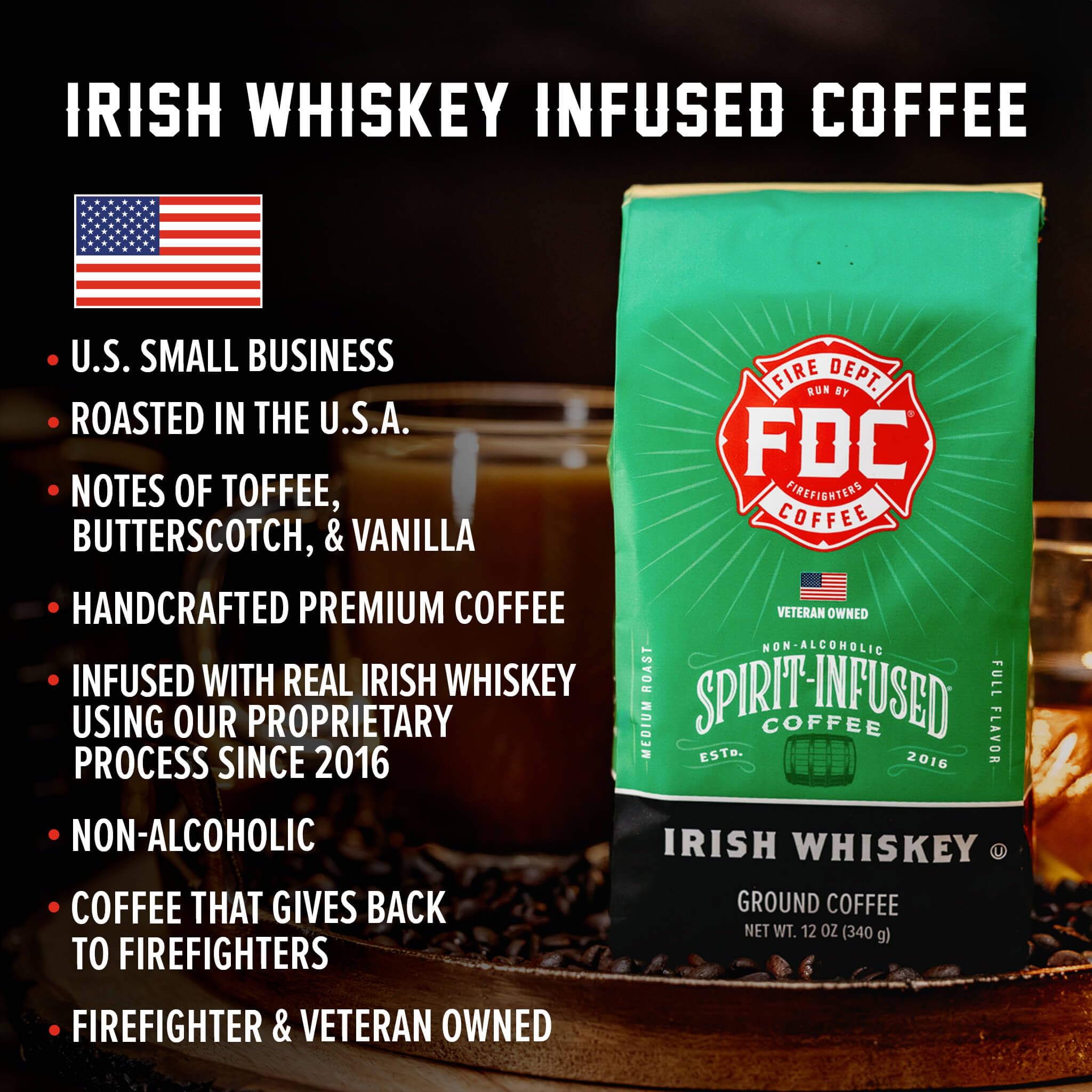 Fire Department Coffee - Gives Back to Firefighters - Irish Whiskey Infused Coffee Beans - Medium Roast - Non-Alcoholic - Roasted in the USA - Whole