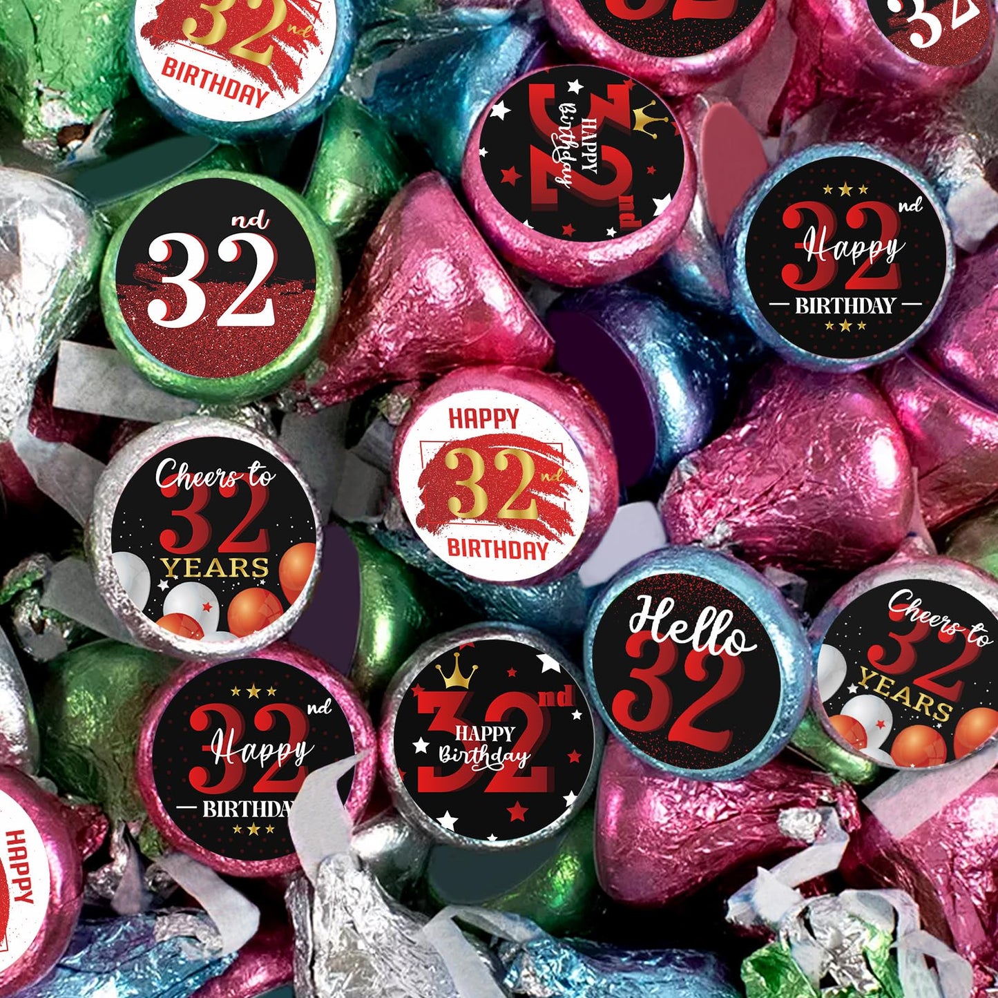 Happy 32nd Birthday Party Favor Labels Chocolate Kisses Candy Stickers - Thirty Two Years Old Birthday Round Candy Sticker Party Favors - Black
