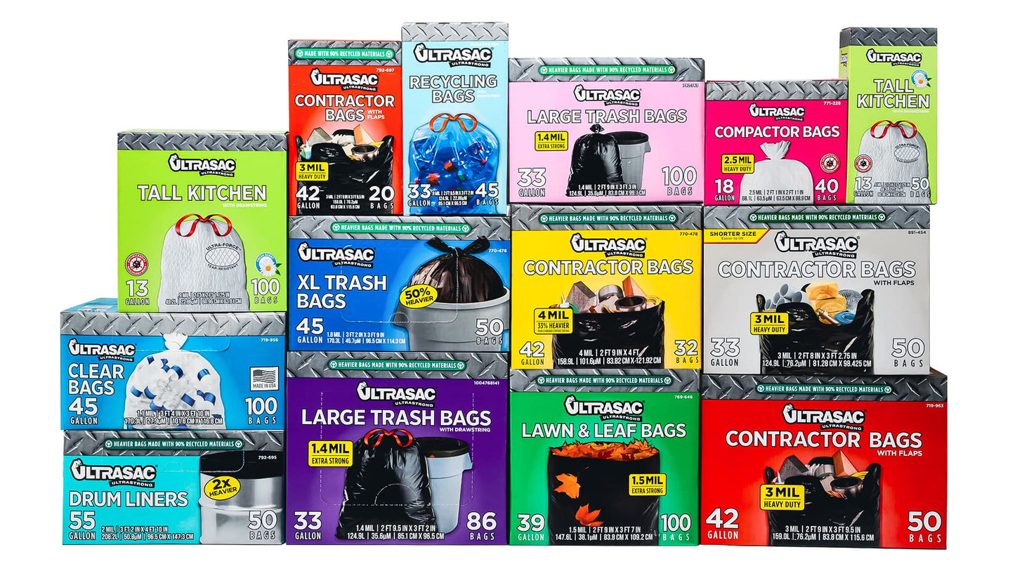 Ultrasac Trash Compactor Bags - (40 Pack with Ties) 18 Gallon for 15 inch Compactors - 25" x 35" Heavy Duty 2.5 MIL Garbage Disposal Bags Compatible