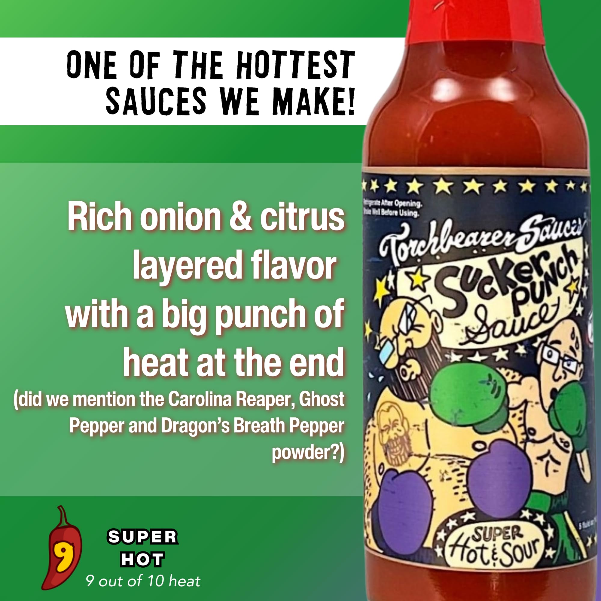 Torchbearer Sauces Sucker Punch 5 oz, Super Hot Sauce - Heat Level 9, Carolina Reaper & Ghost Pepper Hot Sauce - Featured on Hot Ones - All Natural
