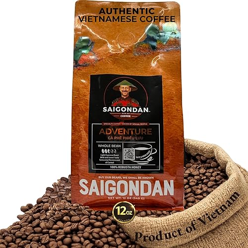 Vietnamese Whole Bean Coffee - Saigondan Adventure 100% Robusta Light Espresso Roast - Premium Single Origin, Direct Trade Vietnamese Coffee - 12 oz