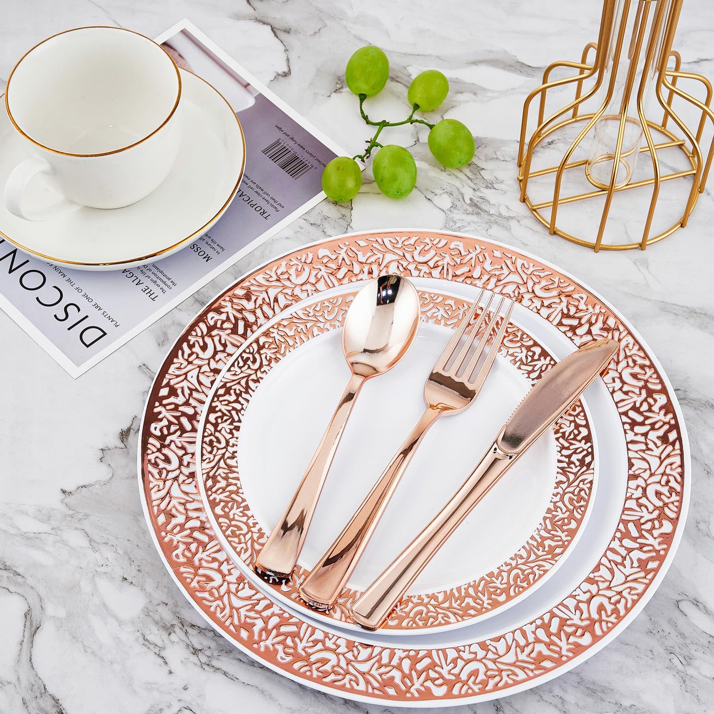 ?????? Count Rose Gold Plastic Dinnerware Disposable Plates 30 Dinner & 30 Dessert Plates & 30 Cups & 30 Rose Gold Paper Napkins & 30 Plastic Silverware