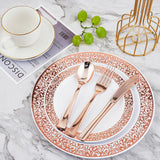 ?????? Count Rose Gold Plastic Dinnerware Disposable Plates 30 Dinner & 30 Dessert Plates & 30 Cups & 30 Rose Gold Paper Napkins & 30 Plastic Silverware