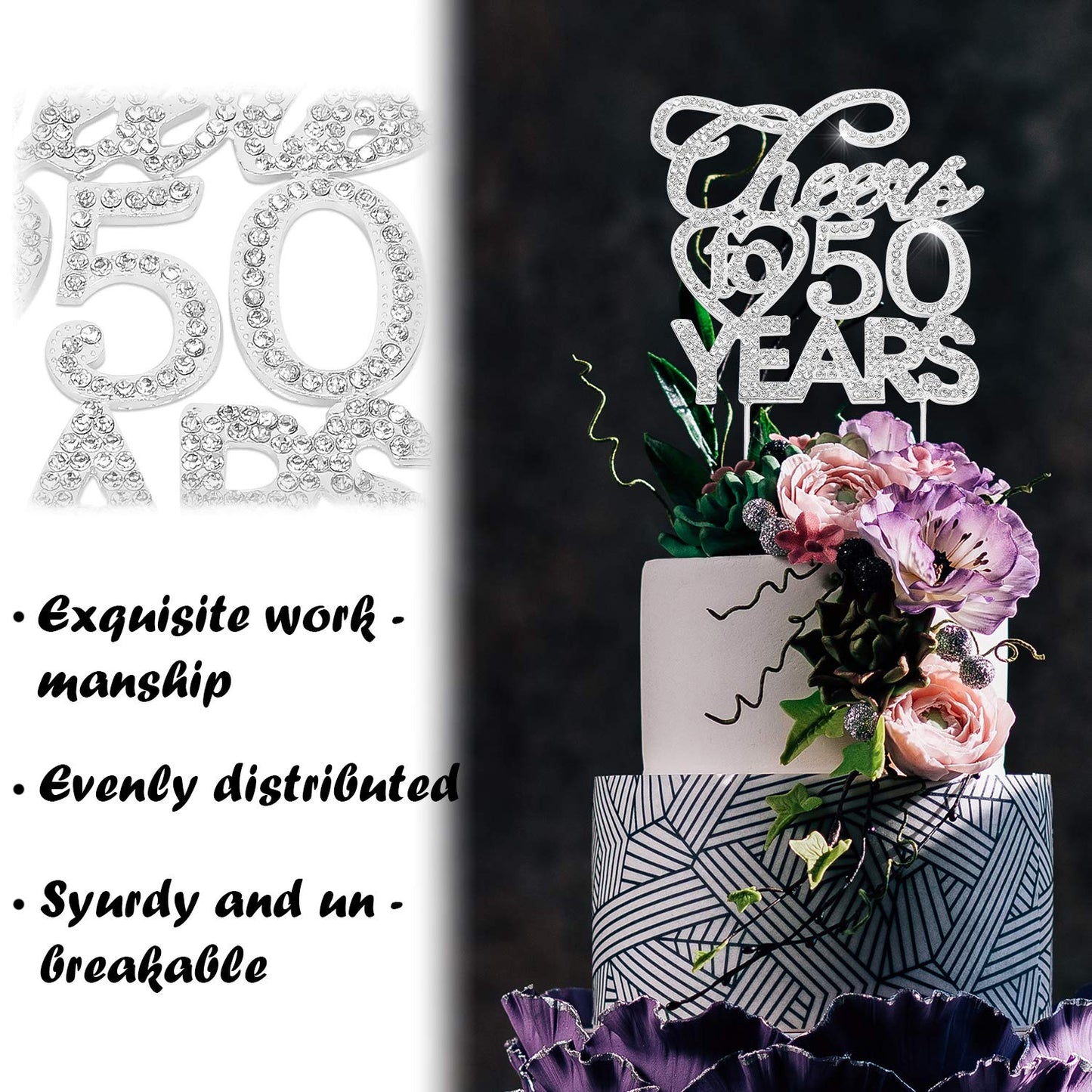 Bling Crystal Cheers To 50 Years Cake Topper - Best Keepsake 50th Birthday Or Anniversary Decor Party Decorations Silver