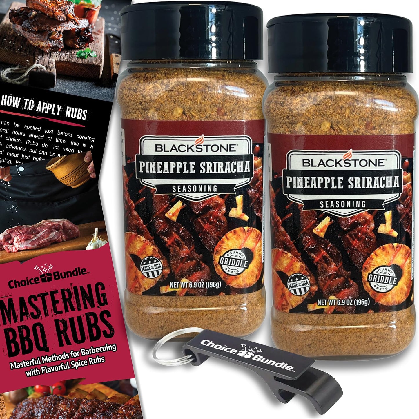 Blackstone Pineapple Sriracha Seasoning - Gourmet Griddle Premium Barbecue Rub 2 Pk (13.8 oz) + BBQ Masters & Opener (4 Items)!