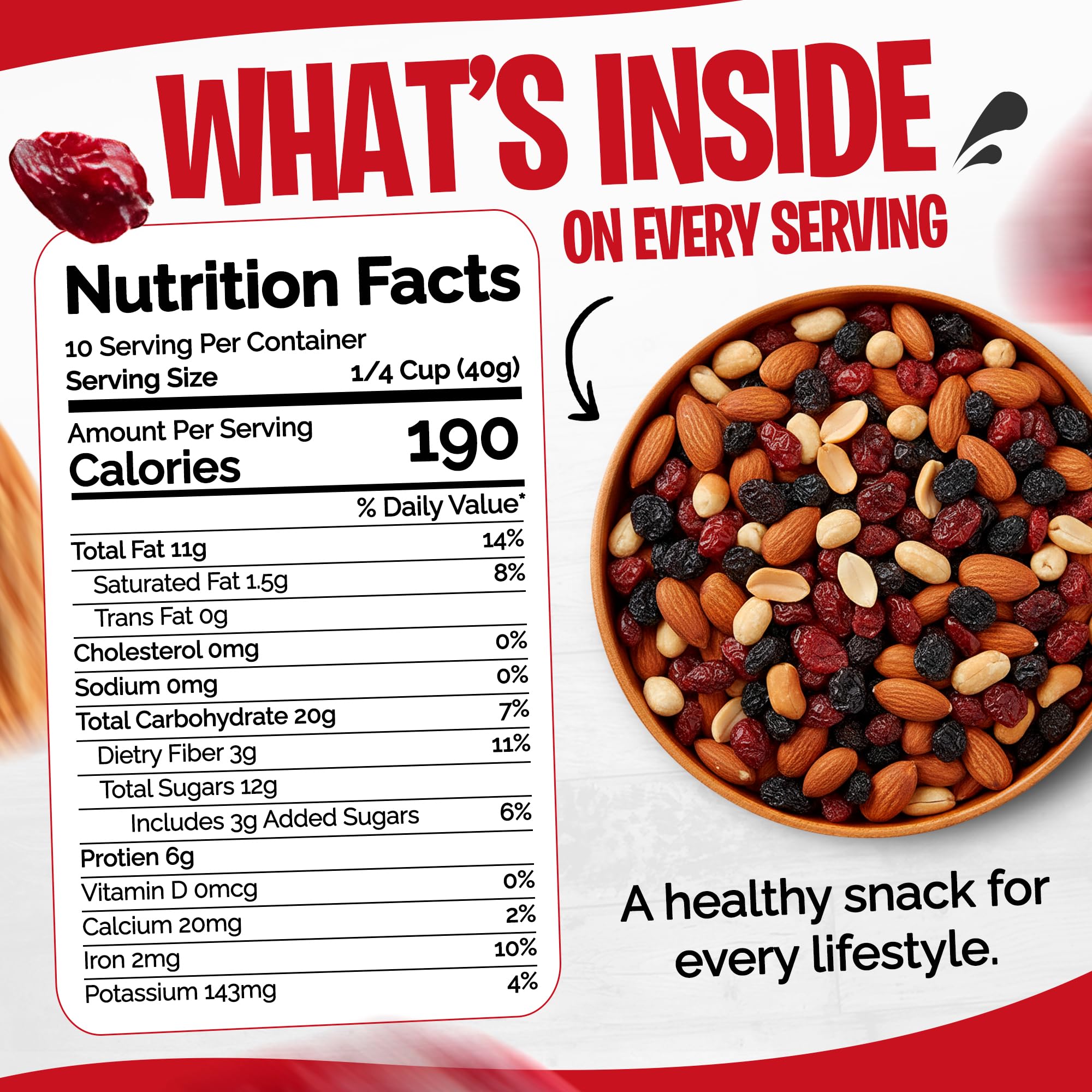 Tidbit Healthy Trail Mix with Roasted Peanuts, Almonds, Raisins & Dried Cranberries - Mixed Nuts Snack Mix for Natural Energy, Vegan Gluten Free, 14