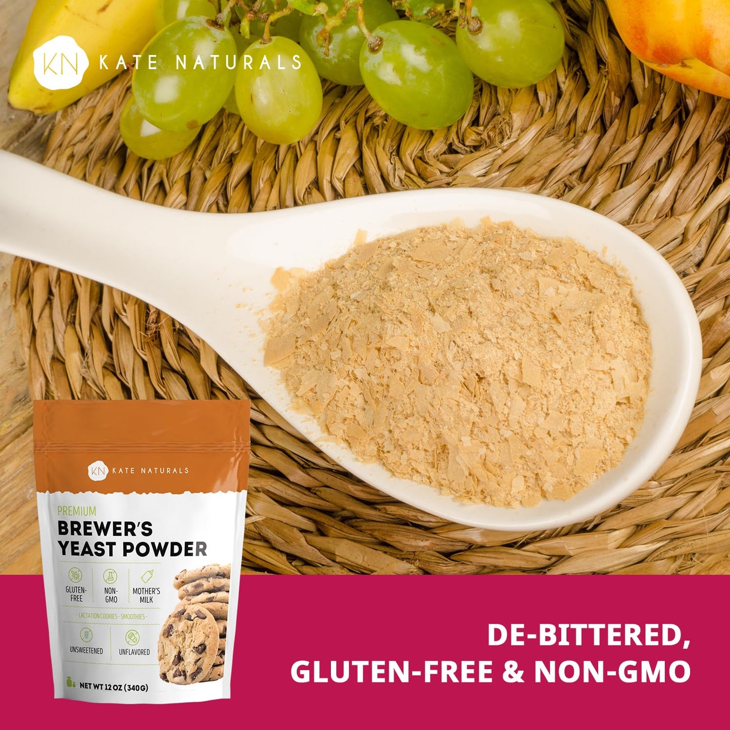 Kate Naturals Brewers Yeast Powder for Lactation Support & Nursing Moms. Debittered Brewer's Yeast for Lactation Cookies (12oz, Gluten Free, Non-GMO)