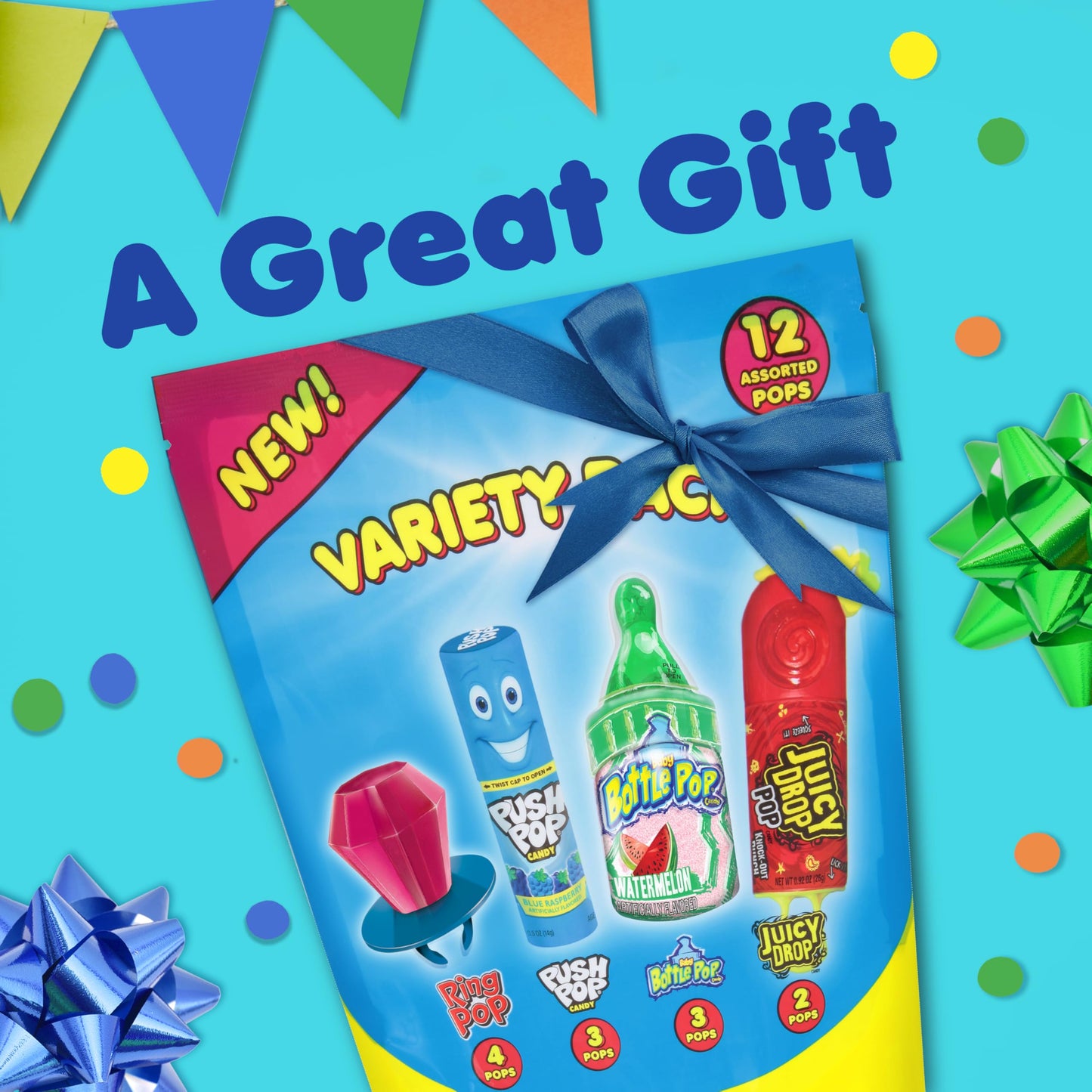 Candy Variety Pack - 12 Count Assorted Lollipops - Ring Pop, Push Pop, Baby Bottle Pop & Juicy Drop - Ideal for Birthdays, Party Favors, Celebrations