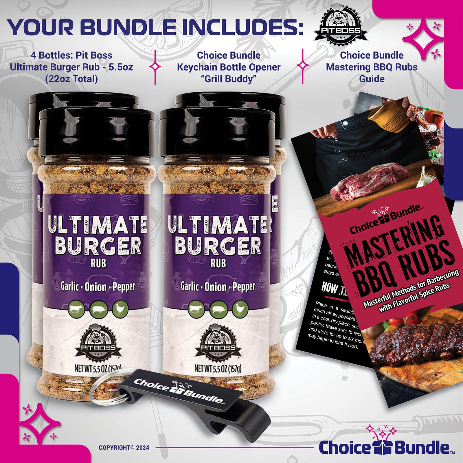 Pit Boss Ultimate Burger Premium BBQ Barbecue Mixed Seasoning Spice & Rub 4 pk Choice Bundle (22 oz) + Guide & Keychain Bottle Opener (6 Items)!