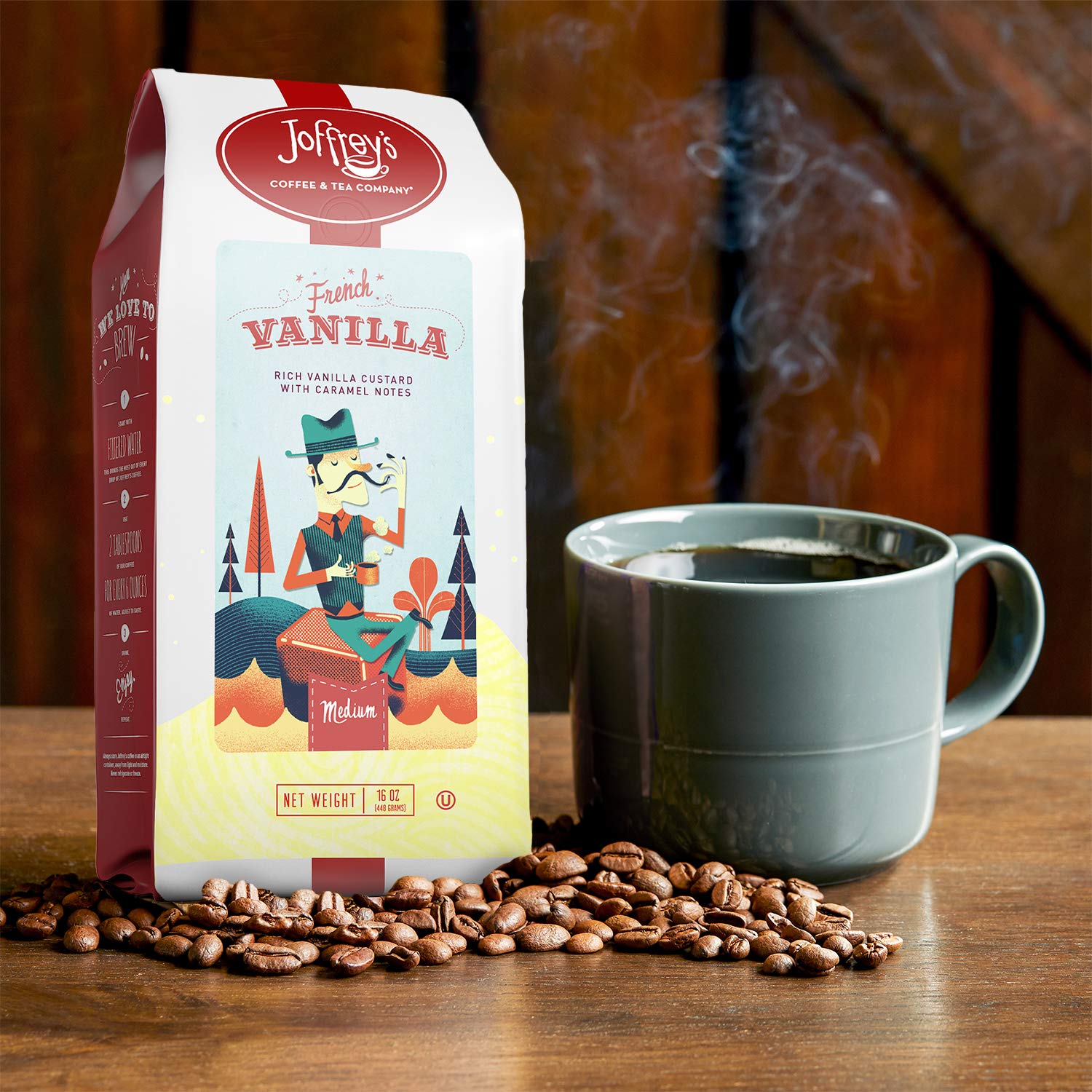 Joffrey's Coffee - French Vanilla, Flavored Coffee, Artisan Medium Roast, Arabica Beans, Vanilla Custard & Caramel Flavor, Gluten-Free, No Sugar