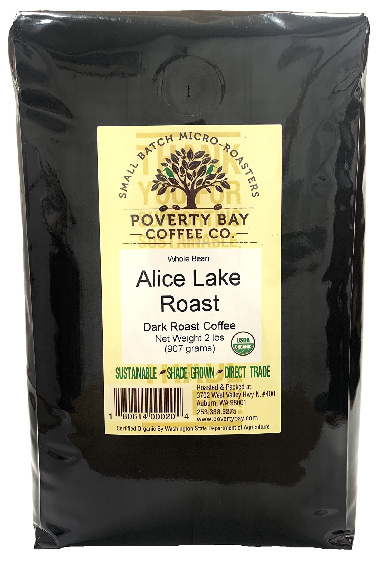POVERTY BAY COFFEE CO. Alice Lake USDA Certified Organic Dark Roast Coffee Beans, 2lb Bag